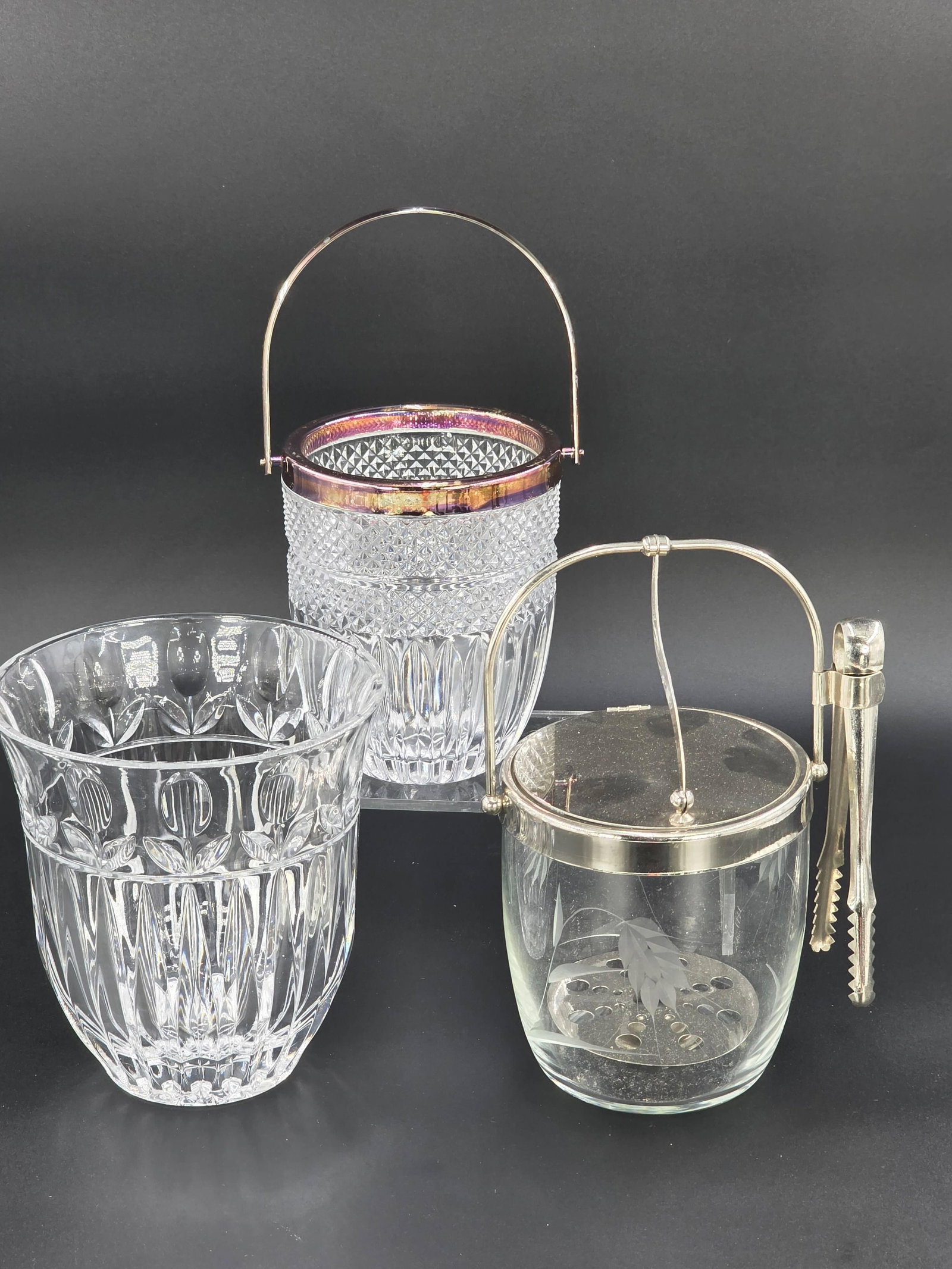Crystal Tulip Design Vase, Cut Glass Ice Bucket, and MCM Noritake Sasaki Ice Bucket, INV. 1225: Approx. height of tulip vase 6 1/2".