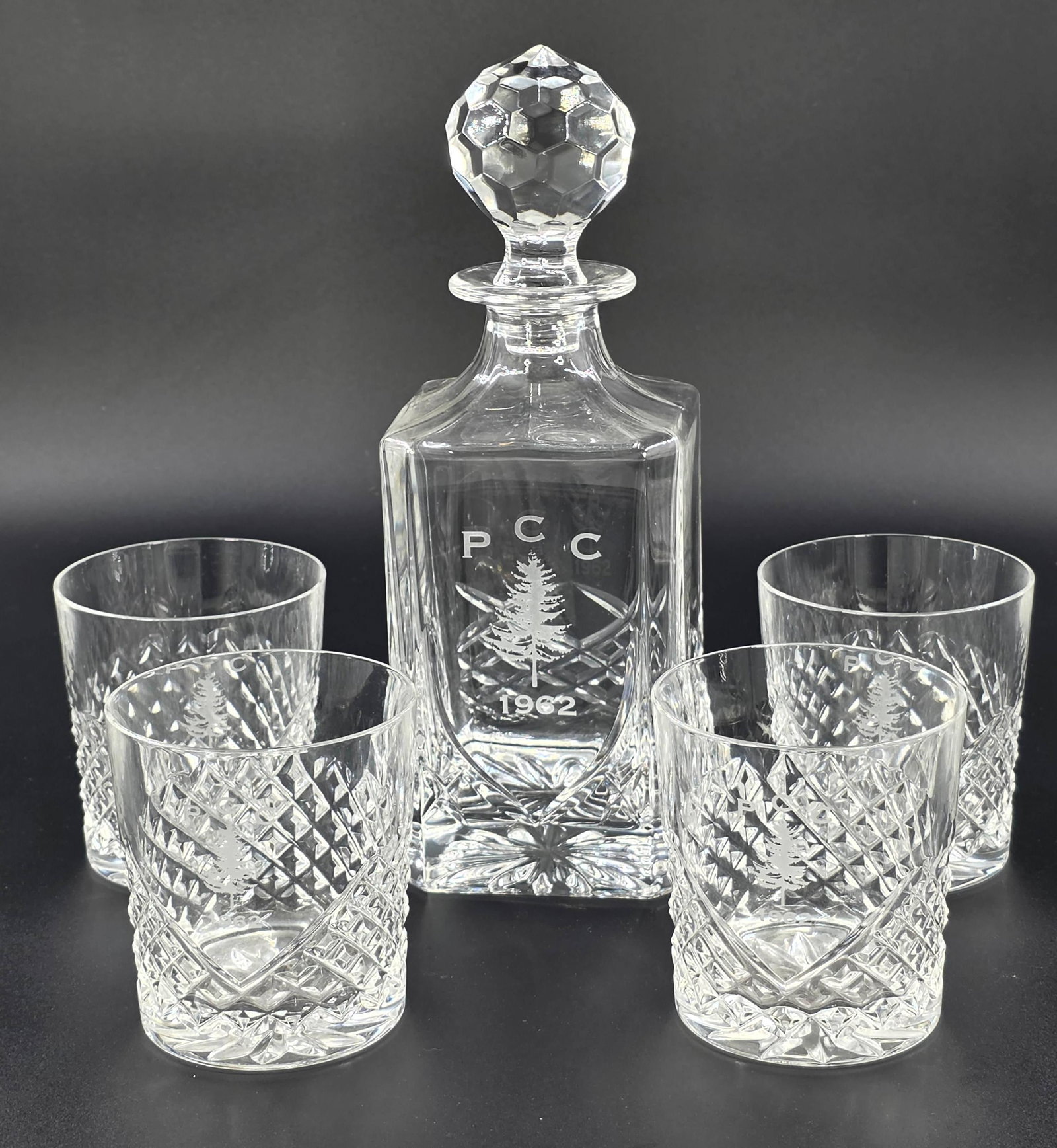 Galway Irish Crystal Decanter and Tumbler Set, INV. 1053: 10 1/8" height of decanter to top of knob. 3 3/4" height of tumbler. With markings.