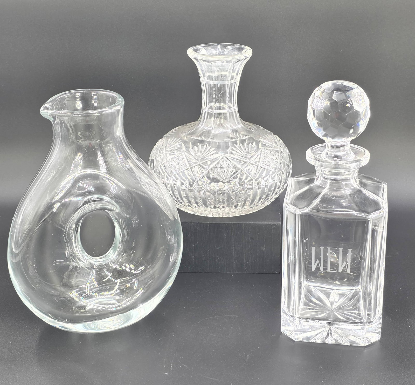 American Brilliant Cut Glass Crystal Decanter, with Whiskey Bottle and Lid, and a Carafe, INV. 1230: Largest carafe height 9 1/2".