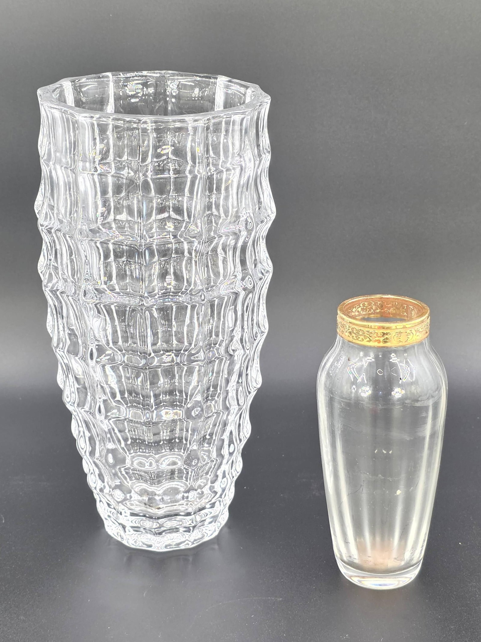 1 Godinger Windows Pattern Vase and 1 Lenox Autumn Crystal Vase with Gold Rim, INV. 1233: Height of Godinger Vase 10 3/4".
