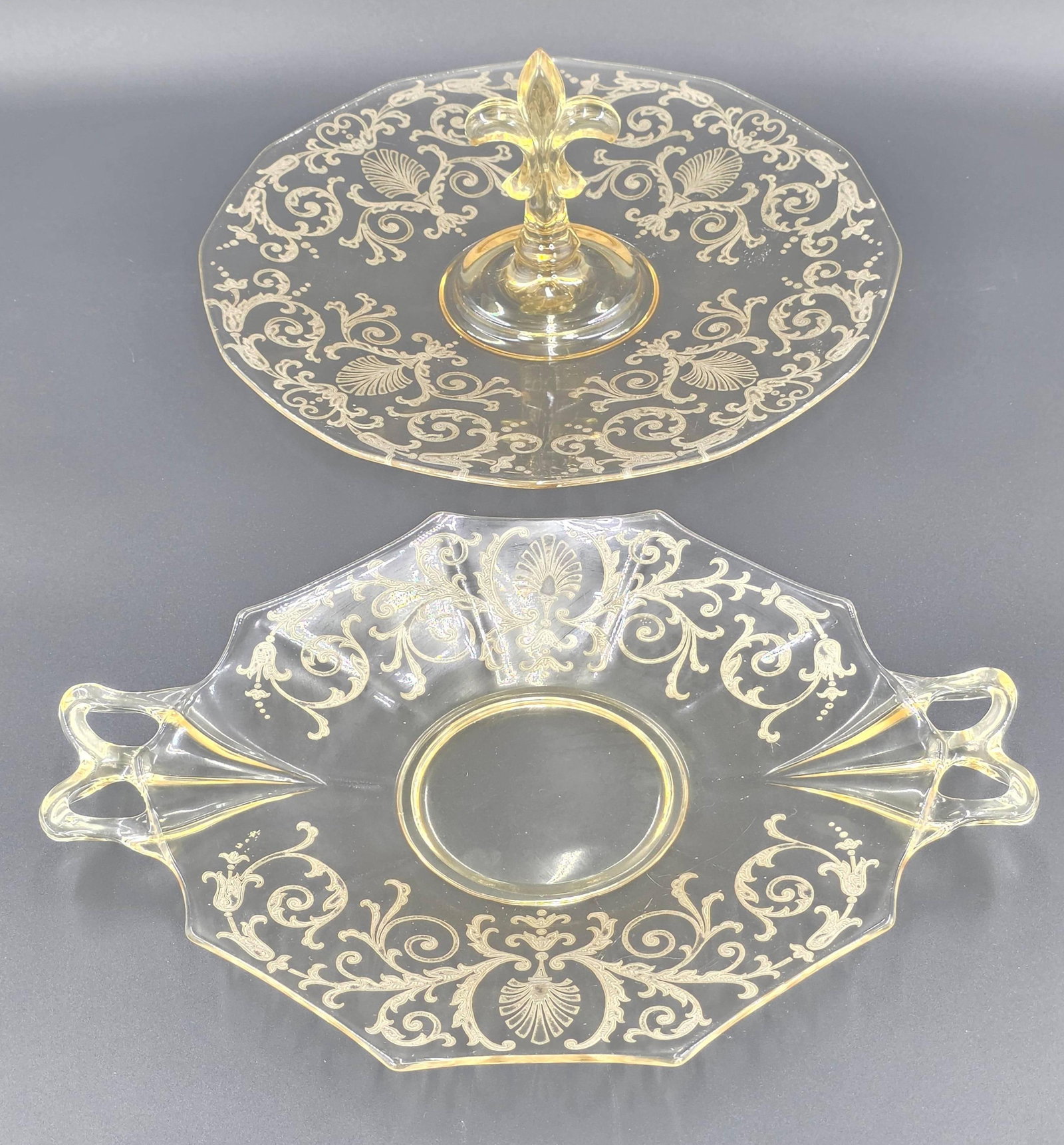 Fostoria Versailles Pattern Topaz Yellow Tray and Cake Plate, with Fleur-de-lis, Vintage, INV. 1213 (1 of 3)