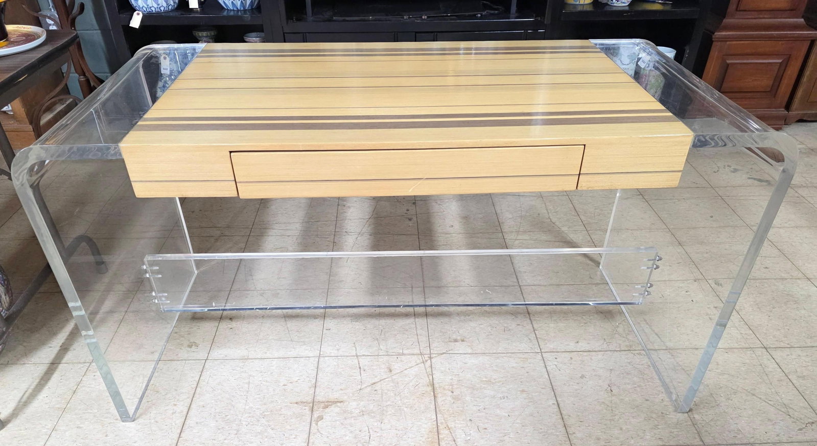 MCM Lucite and Striped Wood Top Waterfall Desk with Drawer, INV. 3013: See photos for light wear. Approx. 28.5 x 54 x 24 inches.