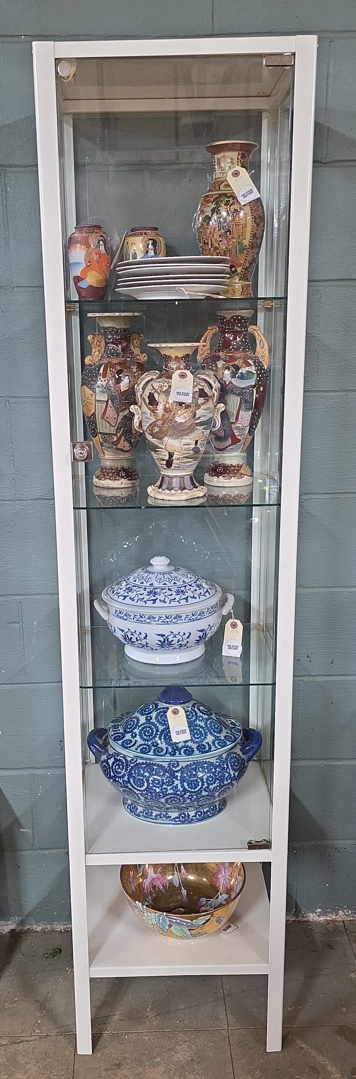 Modern Locking Display Case with Glass Shelves, INV. 3012: Not including contents. Approx. 69 x 15.75 x 13.25 inches.