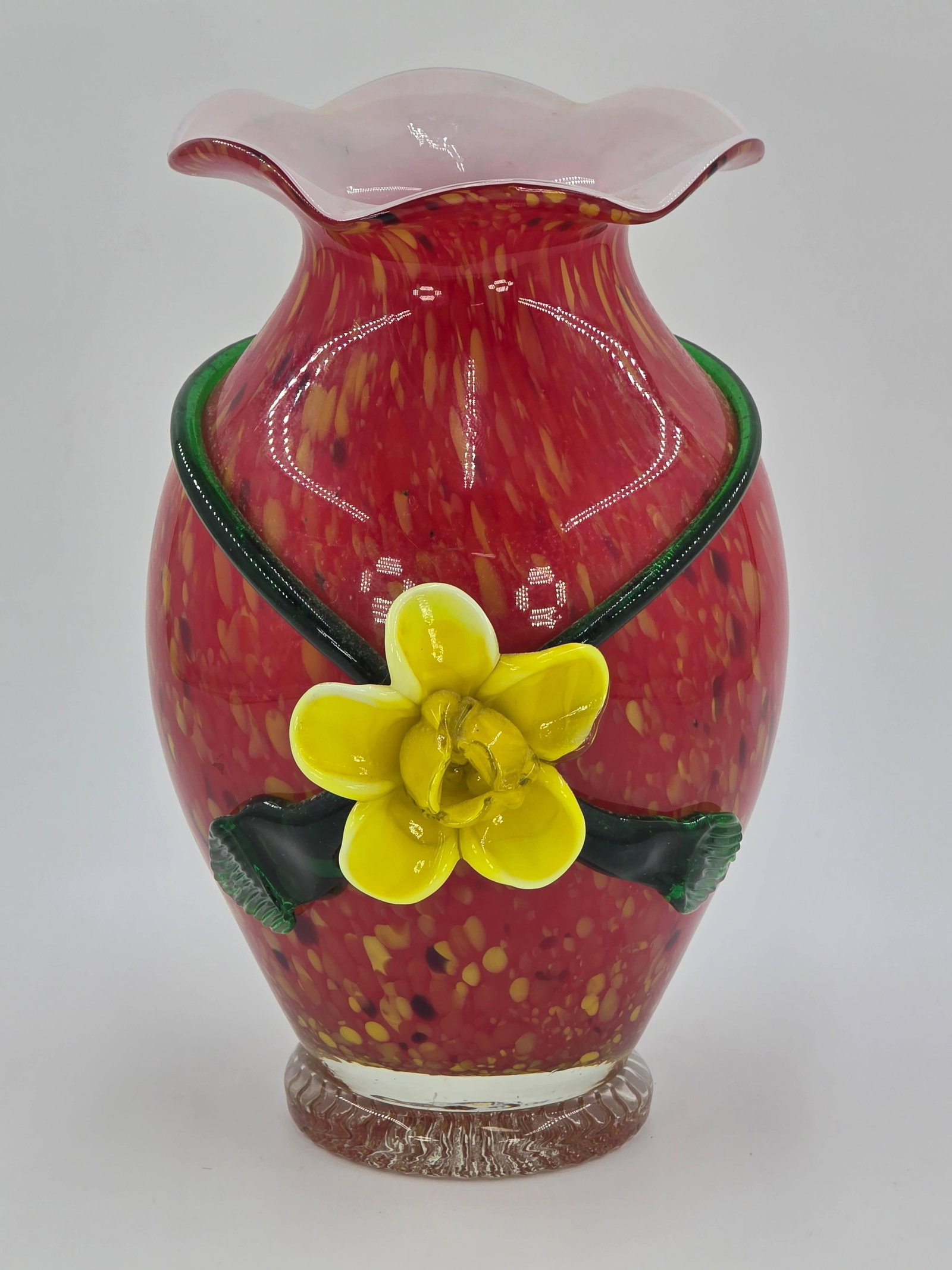 Vintage Italian Art Glass Vase with Applied Yellow Flower and Green Vine, INV. 1197: Approx. height 10 1/4"