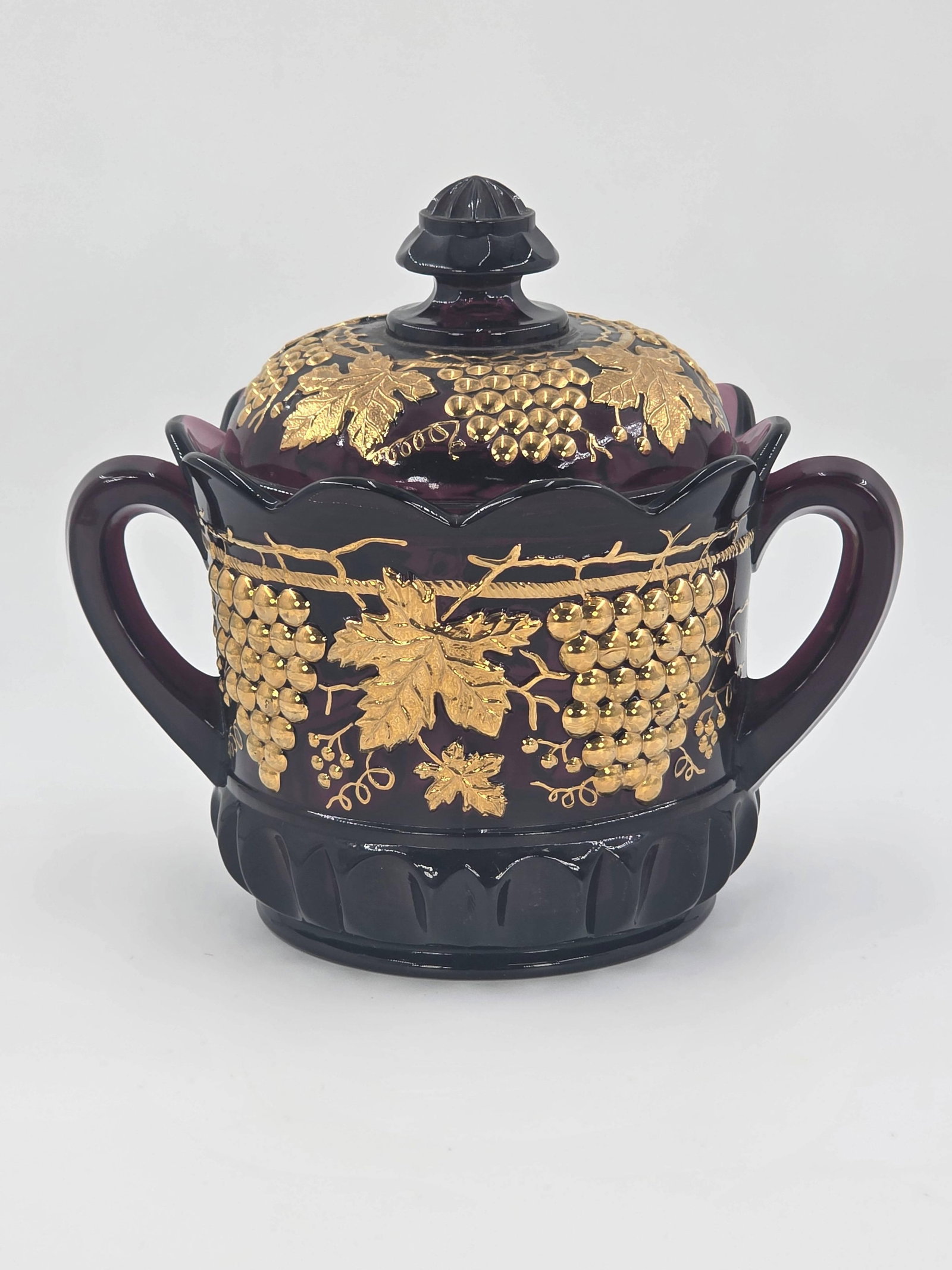 Amethyst Cable and Grape Trimmed Gold Biscuit Jar with Lid, INV. 1200: Approx. height 7 3/4" to top of lid.