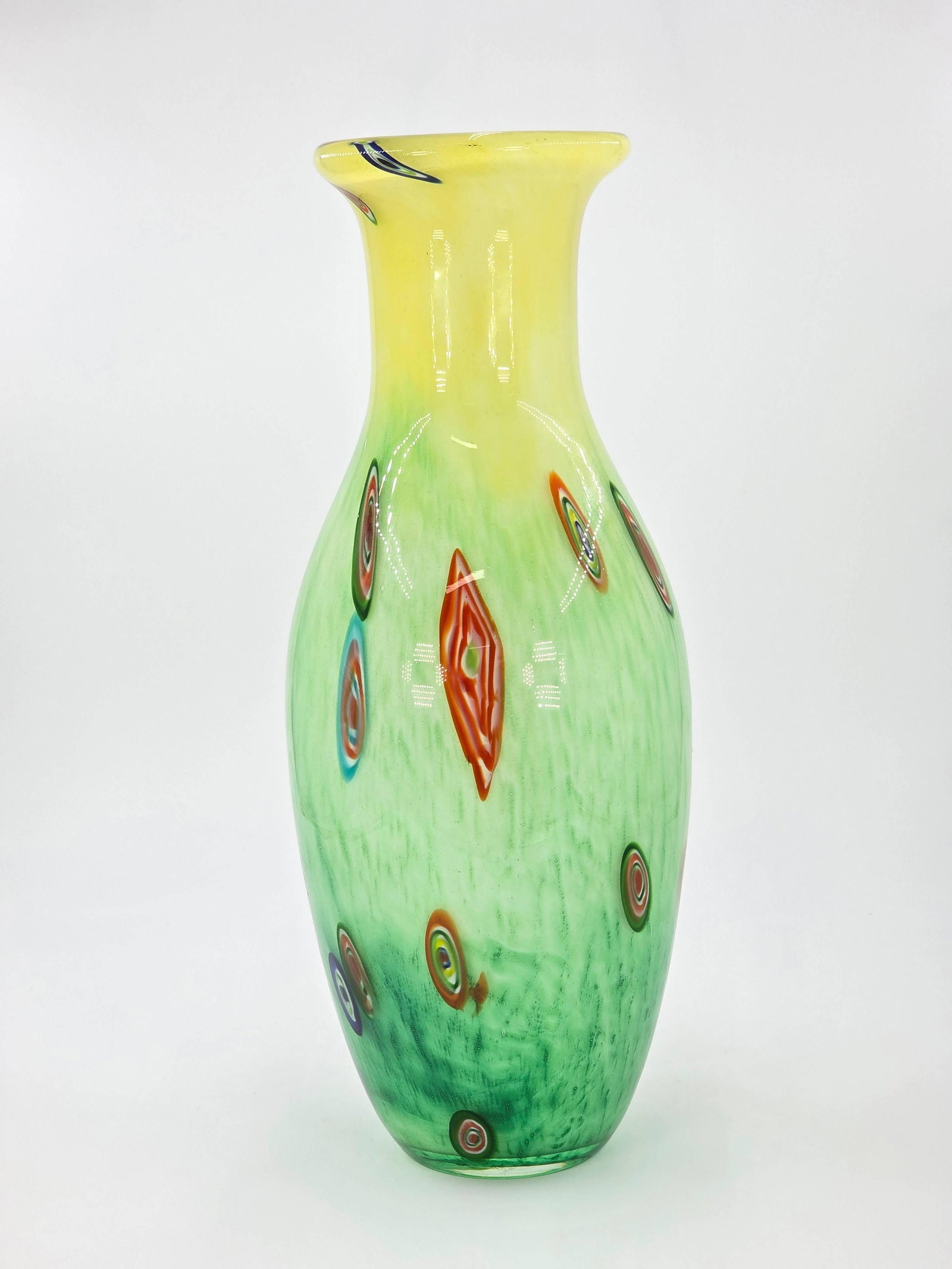 Millefiori Style Art Glass Vase, INV. 1282: Approx. 15.5 x 6.5 x 6.5 inches.