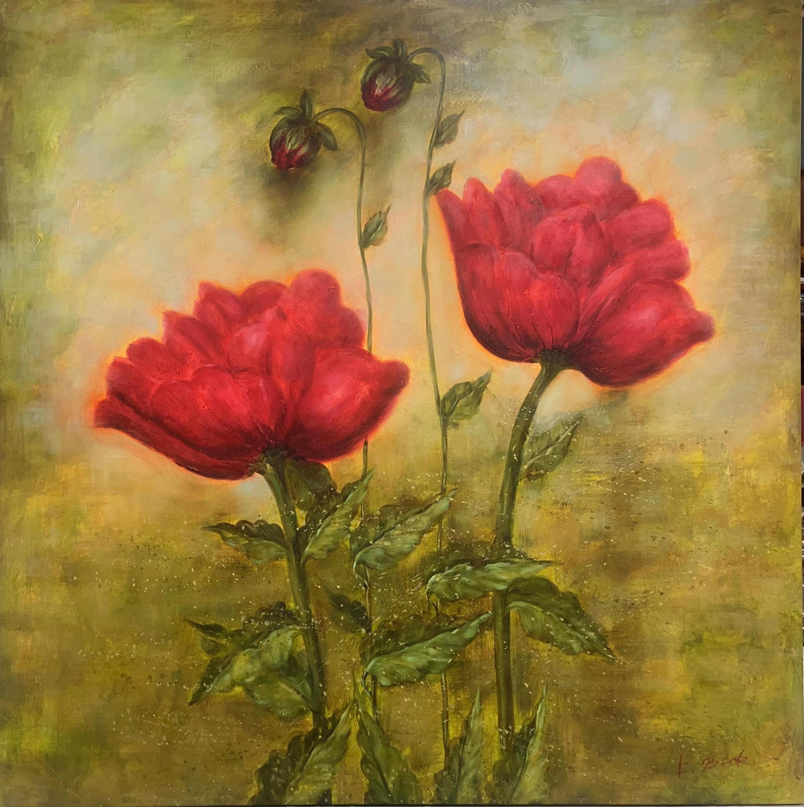 BMC Oil Painting, K Beck "Red Peonies", INV. 1298: Unframed. Canvas approx. 60 x 60 x 1.5 inches.