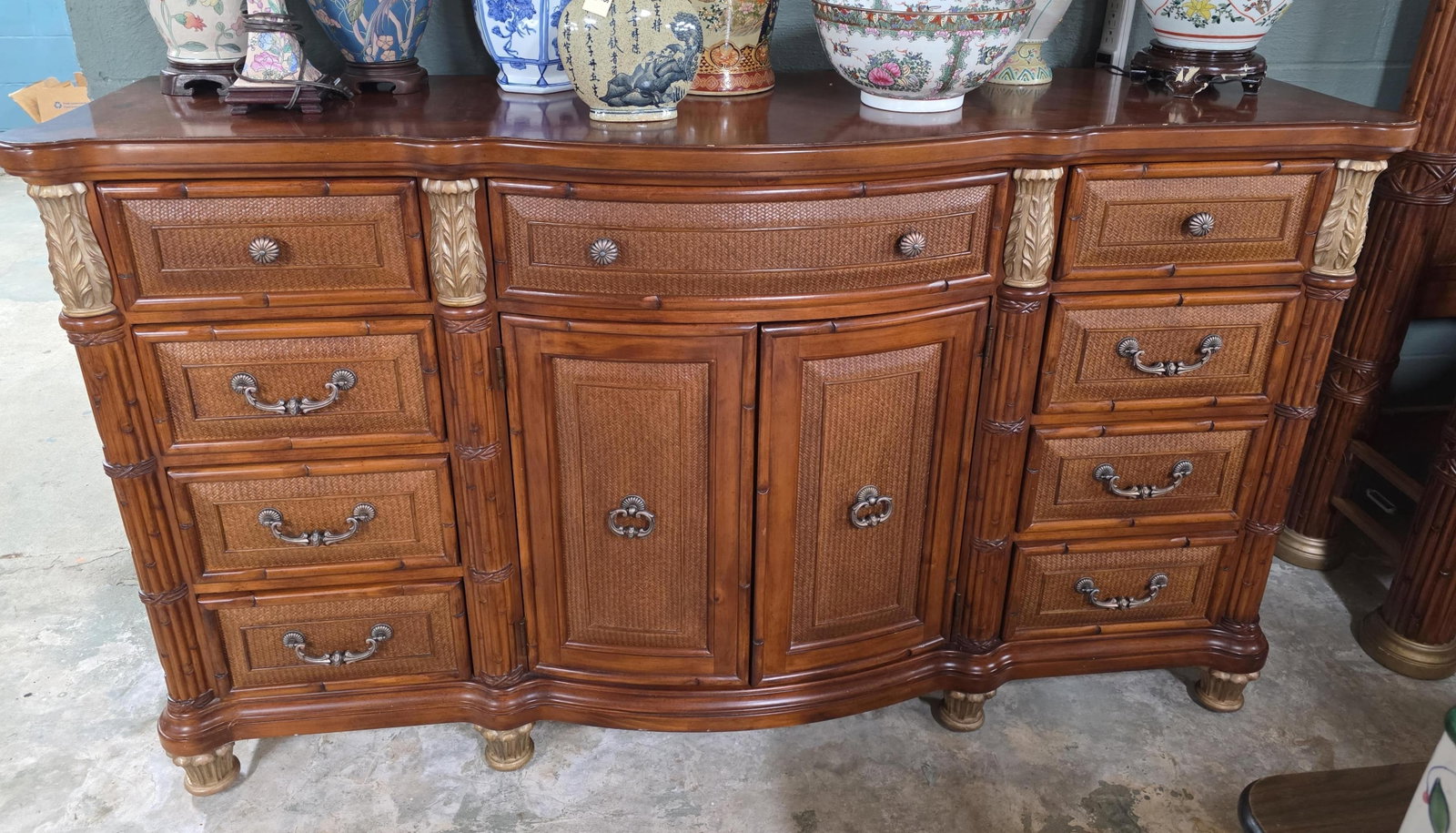 Contemporary Palm, Bamboo and Floral Dresser with Mirror, INV. 3005: Not including contents. Dresser approx. 41.5 x 72 x 20 inches