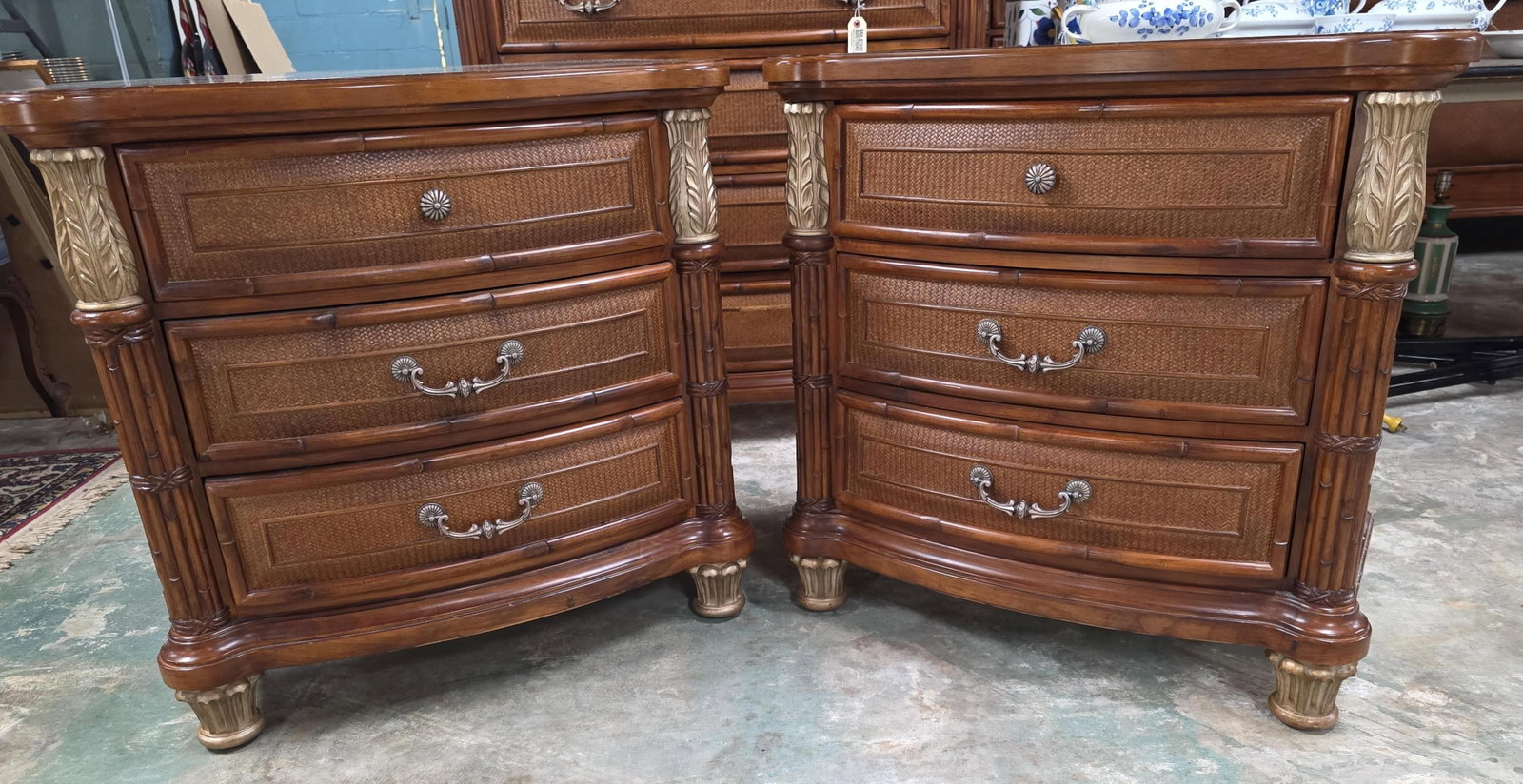 Contemporary Pair Palm, Bamboo and Floral Night Stands, INV. 3006: Each approx. 32 x 32 x 18 inches.
