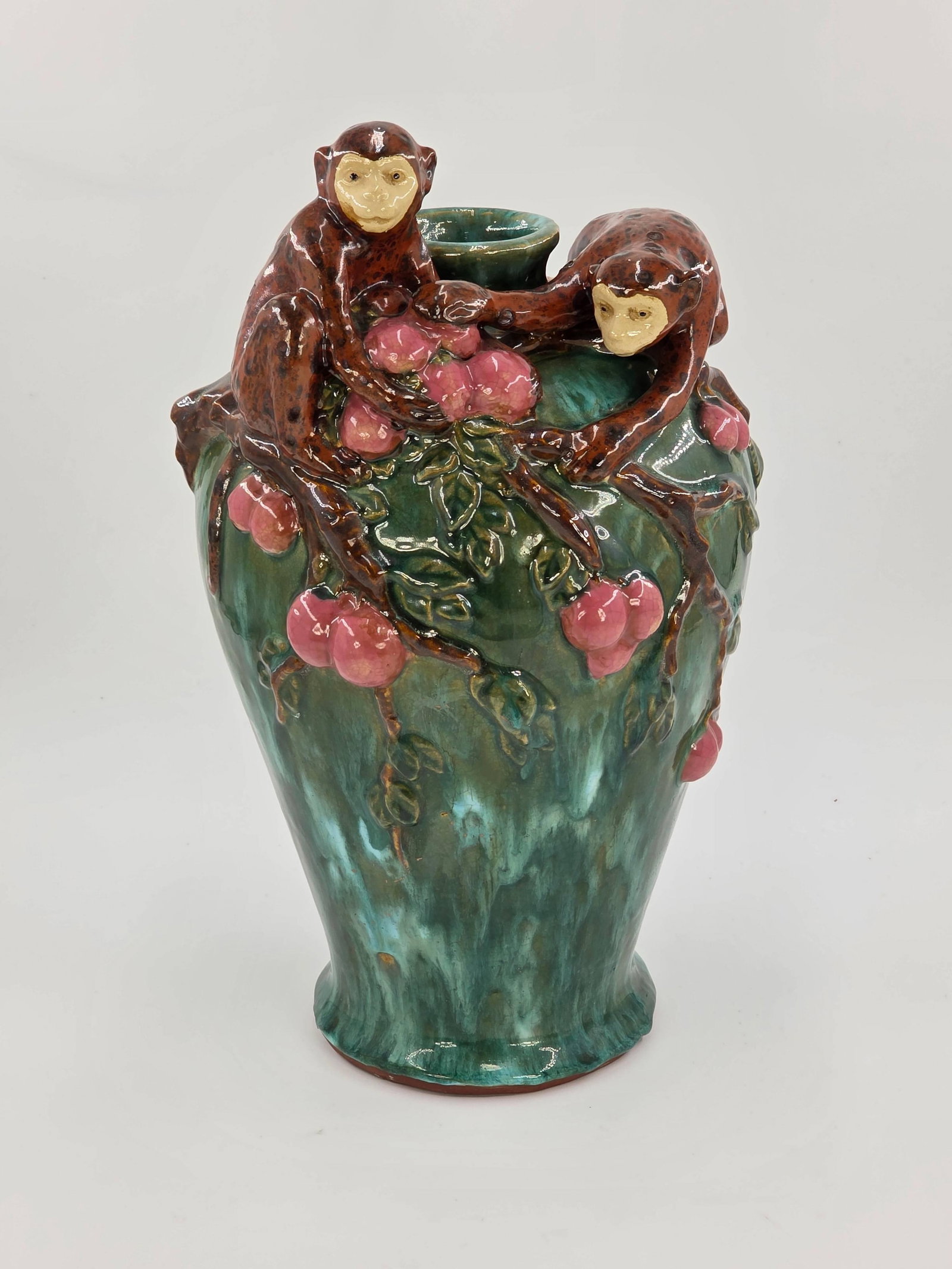 Majolica Vase with Monkeys and Fruit, INV. 1175: Approx. height 15 1/2".