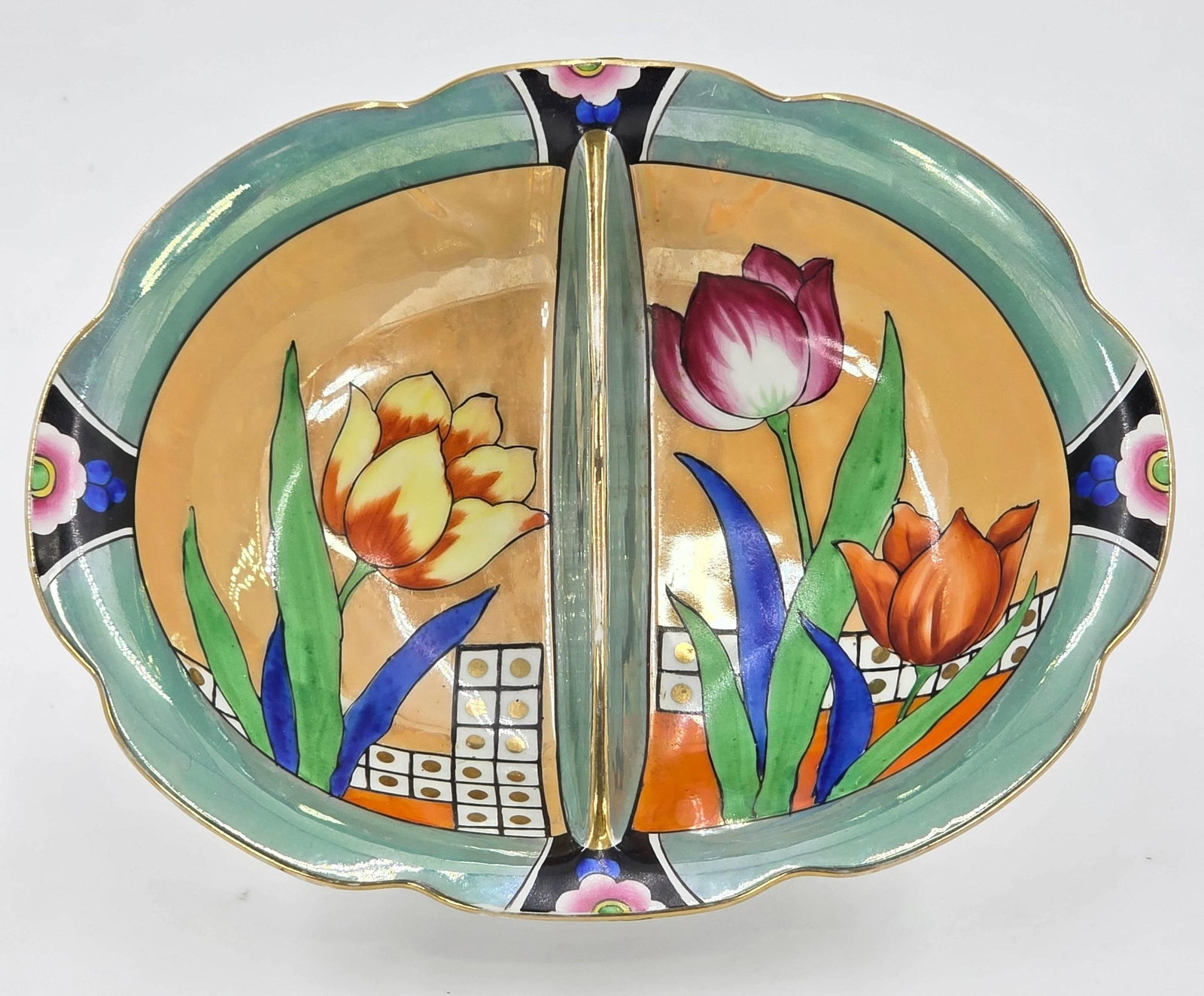 Japanese Lusterware Divided Serving Dish, INV. 1182: Orange tulip and red tulip design. Approx. length 10 1/2". With marking.