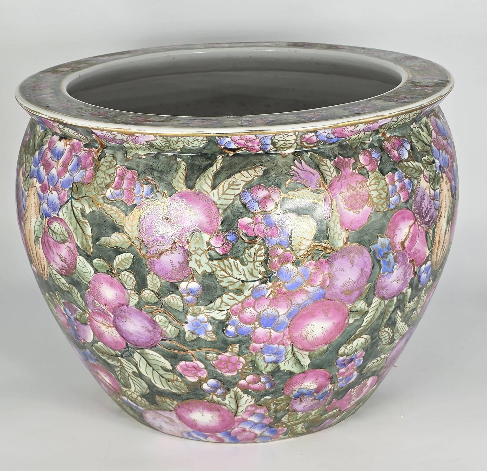 Large Chinese Planter with Interior Design INV. 1260: Fruit and leaf design. Approx. dia. 14 3/4", approx. height 11 1/2". With marking.