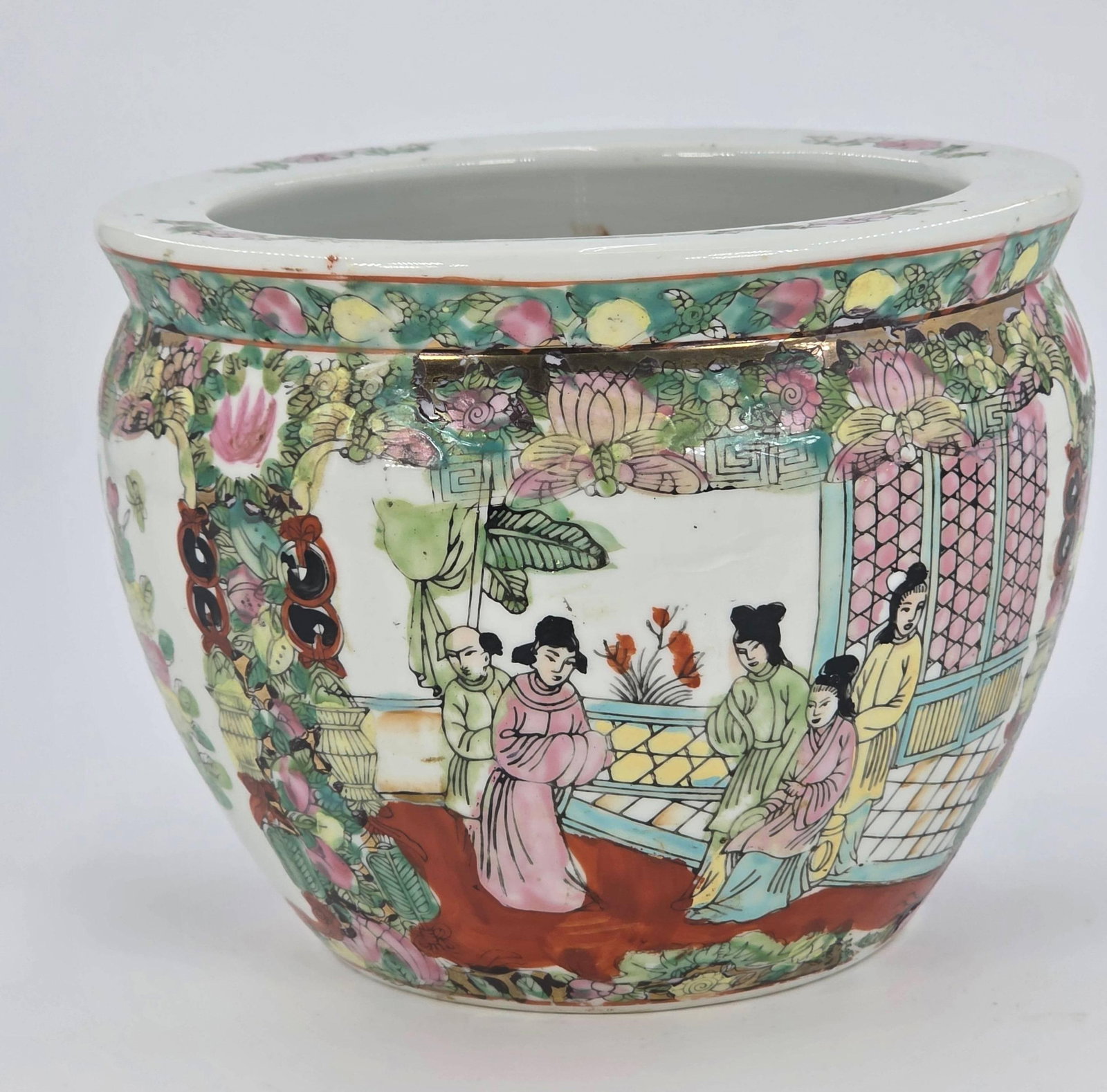 Chinese Famille Rose Porcelain Fish Bowl, INV. 1062: Figural scenes. Approx. 6 1/2" height, 8 1/4" diameter. With marking.