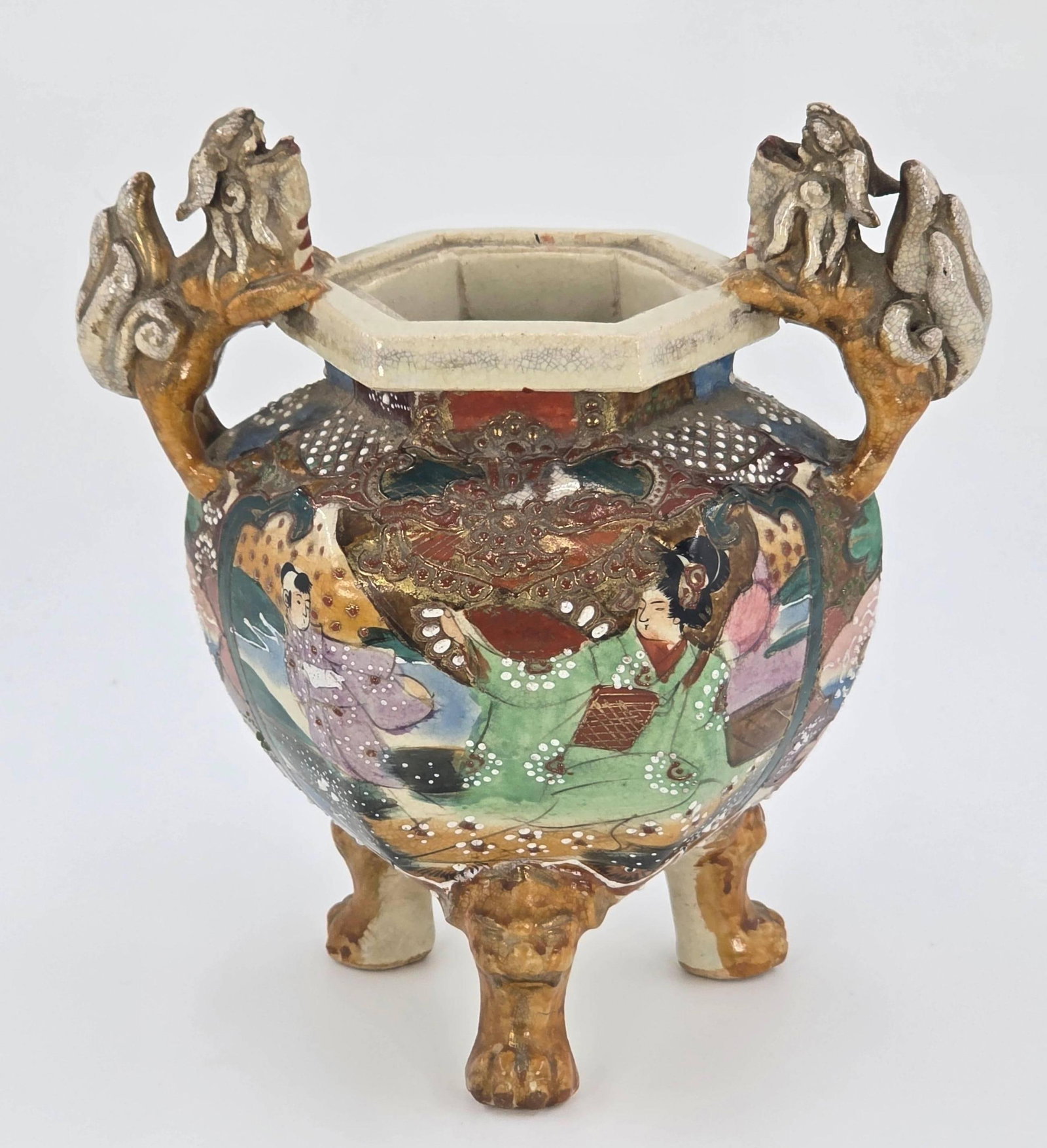 Japanese Satsuma Urn or Incense Burner, with Foo Dog handles, possibly Meiji period, INV. 1081: With Foo Dog handles. Approx. 8 1/2" height.