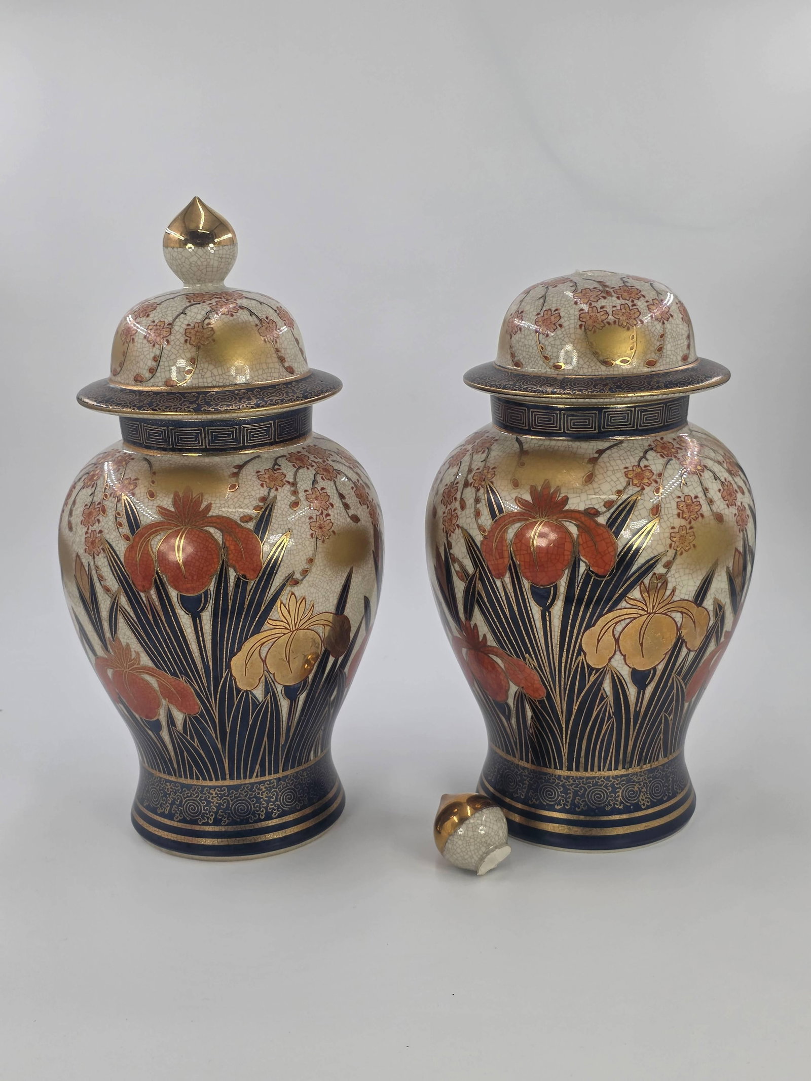 Pair of Japanese Shimazu Satsuma Lidded Vases, INV. 1026: Approx. 12 5/8" height including lid. One with break to lid as shown in photo. With markings.