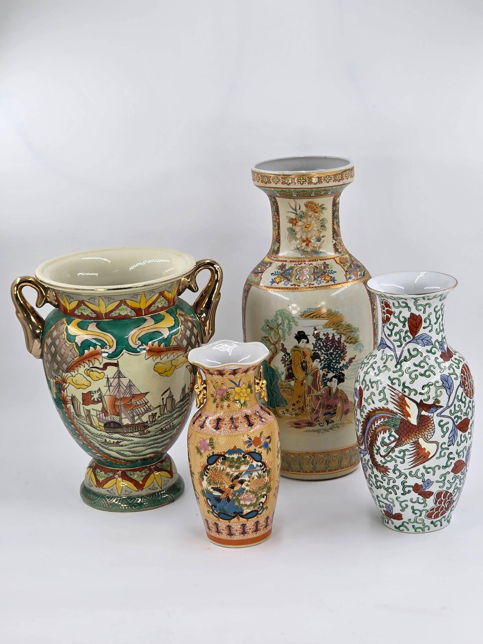 4 Vases incl. Japanese Moriage, Japanese Satsuma, Chinese Famille Verte/Famille Rose, INV. 1177: Approx. height of tallest 13 7/8".