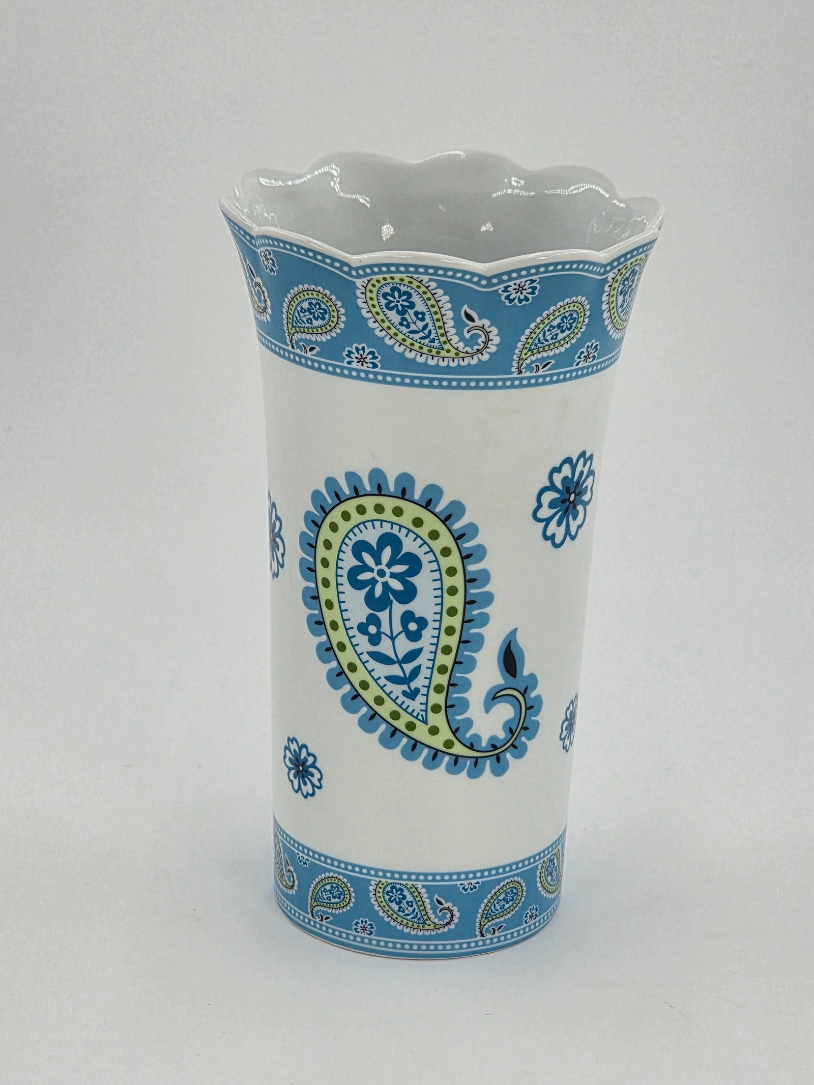 Andrea by Sadek Vase, Vera Bradly My Home, INV. 1190: Paisley pattern and either Bermuda Blue or Capri Blue Pattern. Approx. height 8 3/8". With marking.
