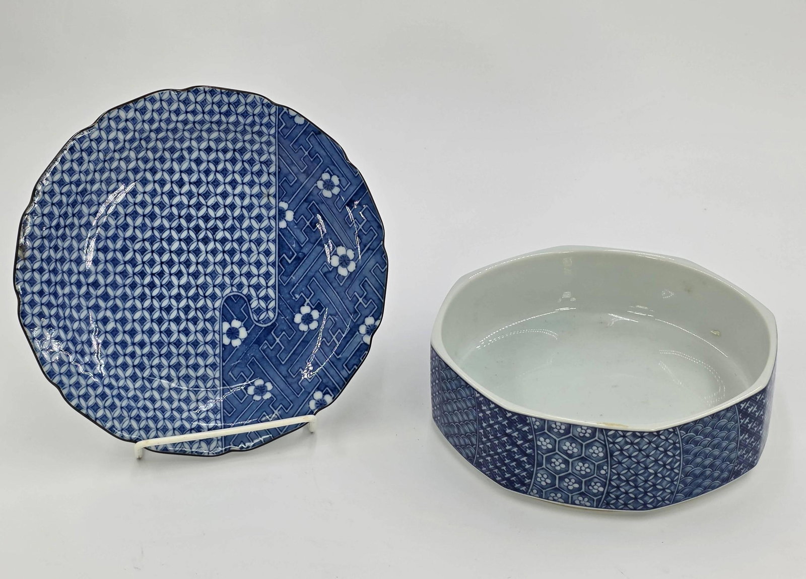 2 Japanese Items, incl. Takahashi Japan Blue and White Plate, and Kozangama Mino Bowl, INV. 1188: Approx. width of bowl 7 1/8". With marking.