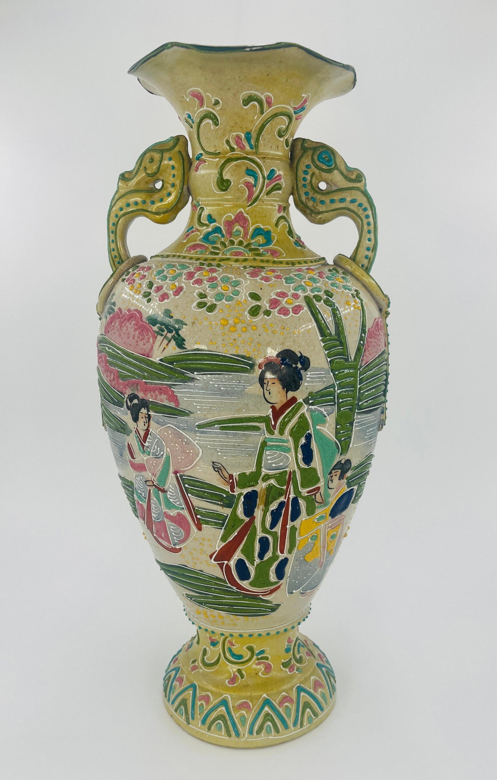 Japanese Satsuma Vase with Moriage, INV. 1250: Figural and floral design. Approx. height 15 3/8".