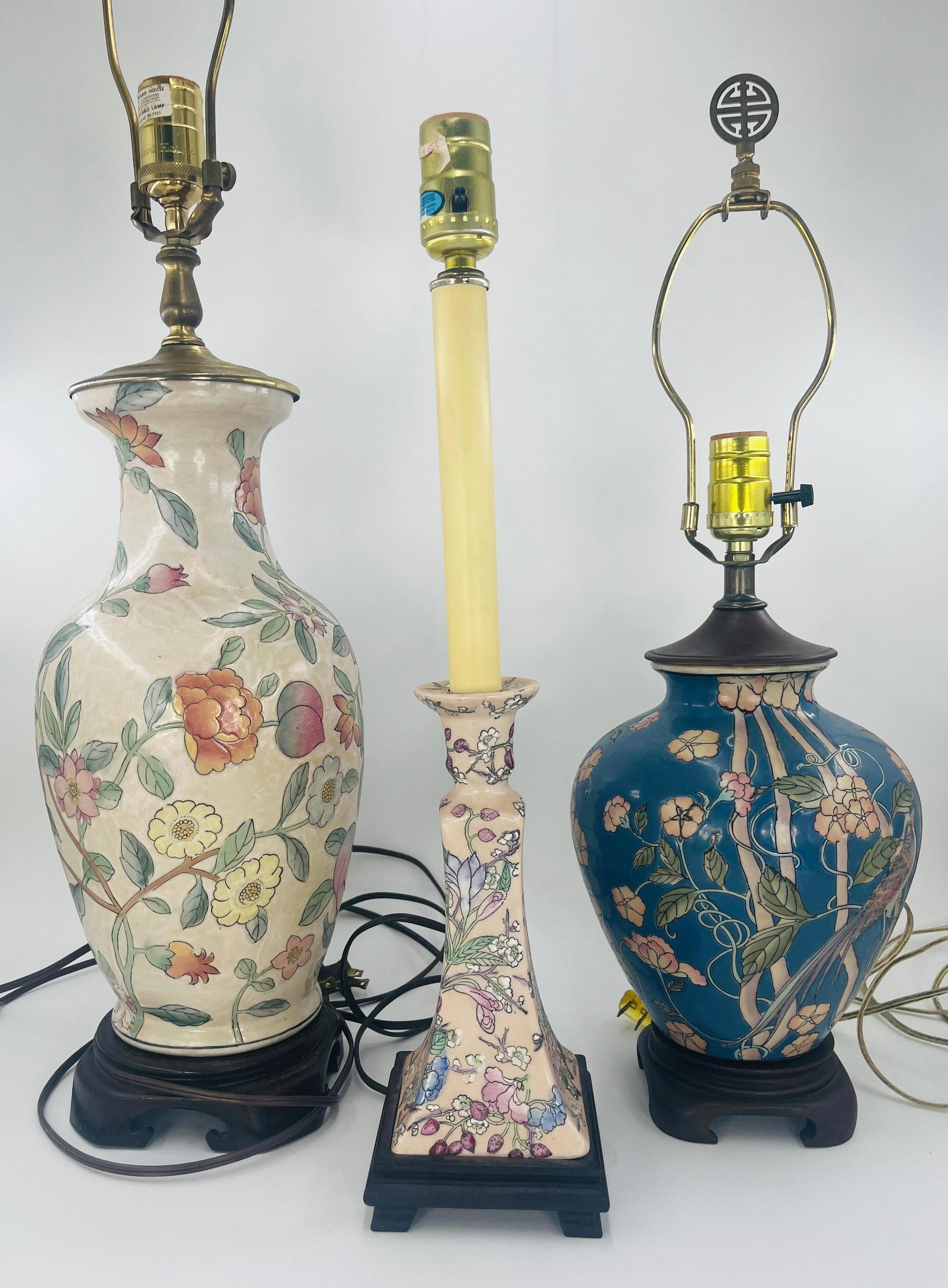 Chinoiserie Table Lamps, INV. 1254: Floral, bird and fruit design. Height of tallest to top of finial 30".