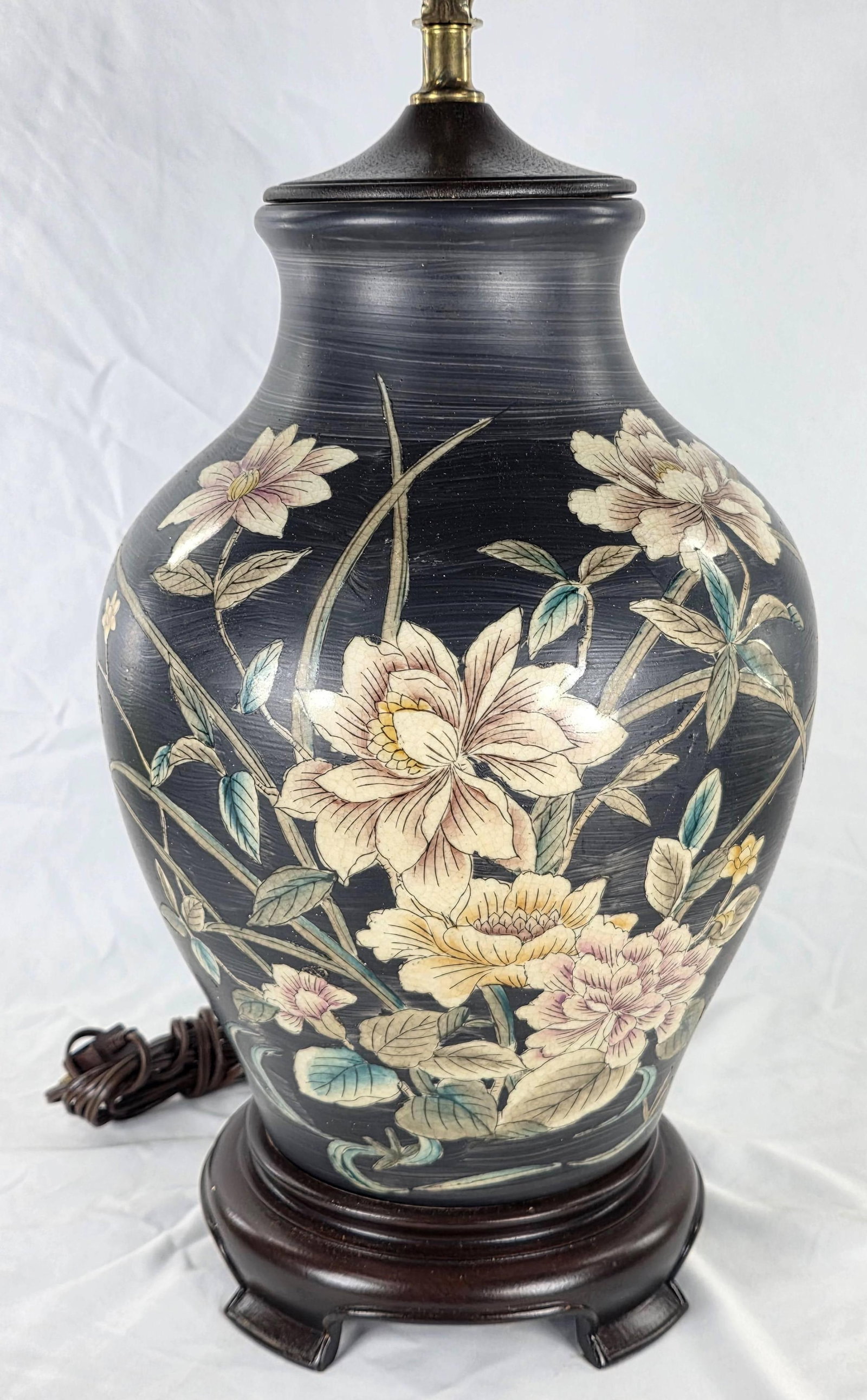 Hand-painted Chinese Conch Lamp, INV. 1259: Approx. height 29 1/2" to top of tallest finial.