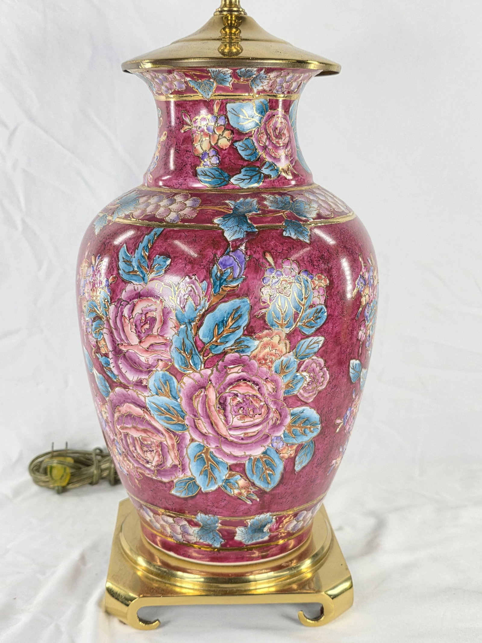 Chinoiserie Lamp, INV. 1258: Pink floral design. Approx. height 28 3/4" to top of finial.