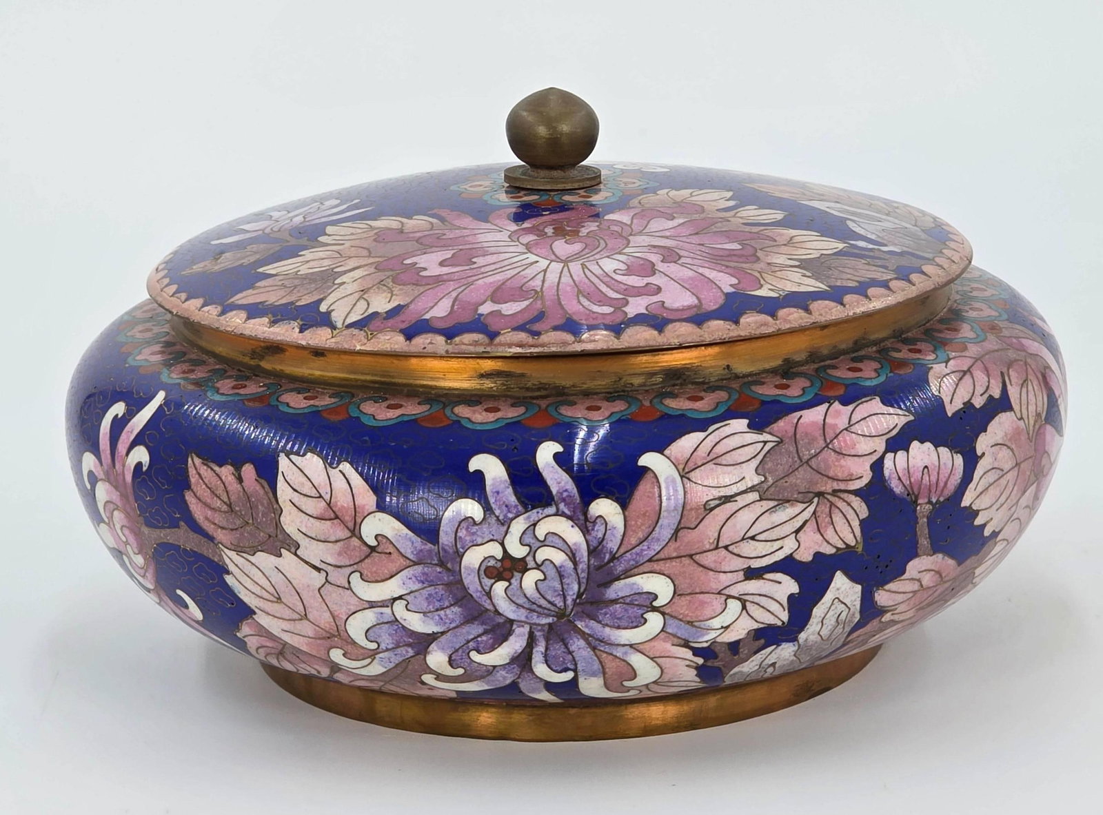 Chinese Cloisonne Lidded Bowl, Intricate Floral Motif, INV. 1305: Pink and white chrysanthemums over blue cobalt. Approx. 4.5 x 8 x 8 inches.