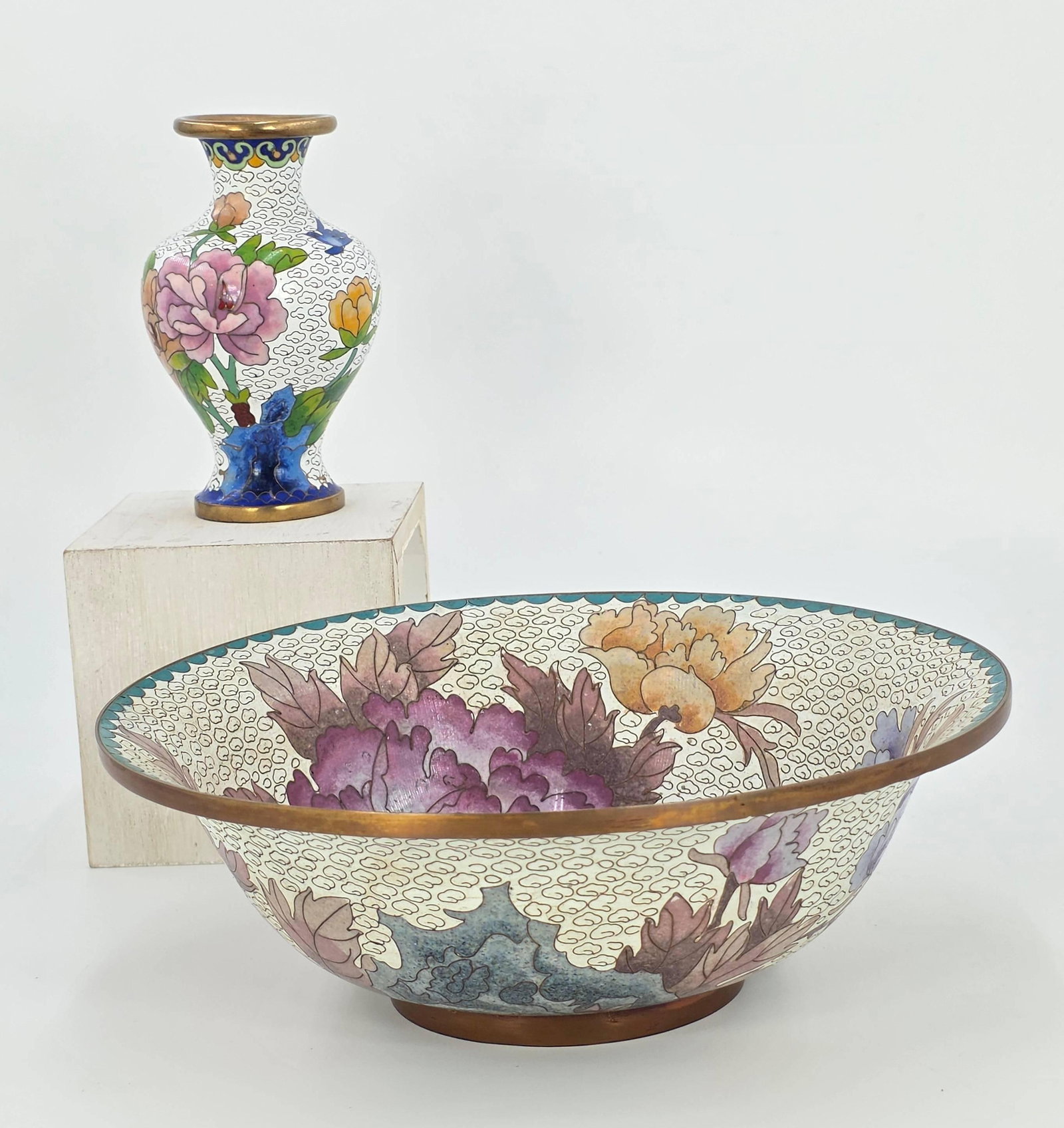 Chinese Cloisonne Bowl and Vase, Peonies and Birds, Vintage, INV. 1304: Bowl approx. 3.825 x 9.375 x 9.375 inches.