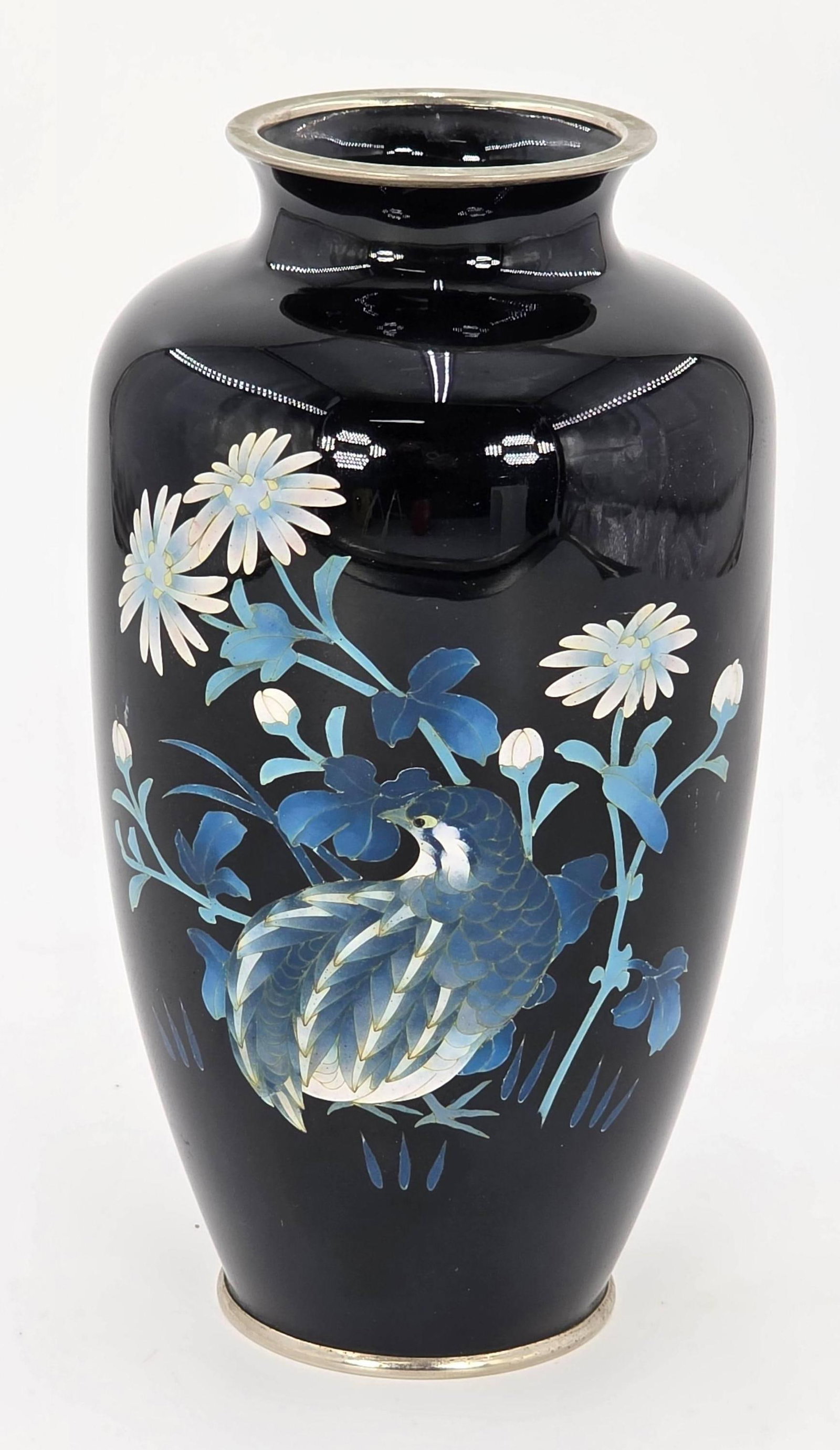Japanese Cloisonne Vase, Vintage, Quail and Floral Motif, INV. 1305: Approx. 7.125 x 3.75 x 3.75 inches.