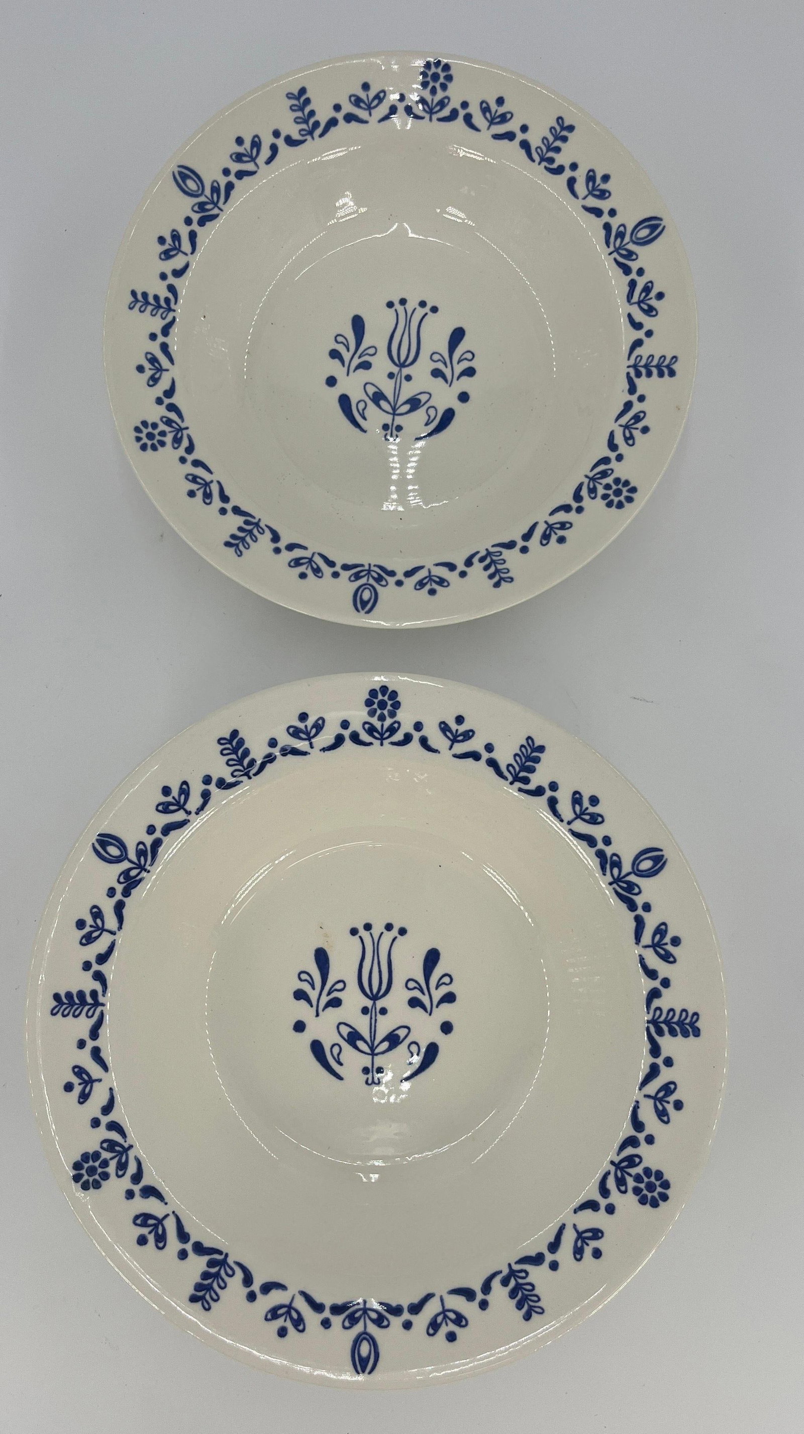 Blue Dutch Floral Design Royal China Finlandia Pair, INV. 1108: Includes 2 bowls. Approx. dia. of largest bowl 10 1/8". With marking.