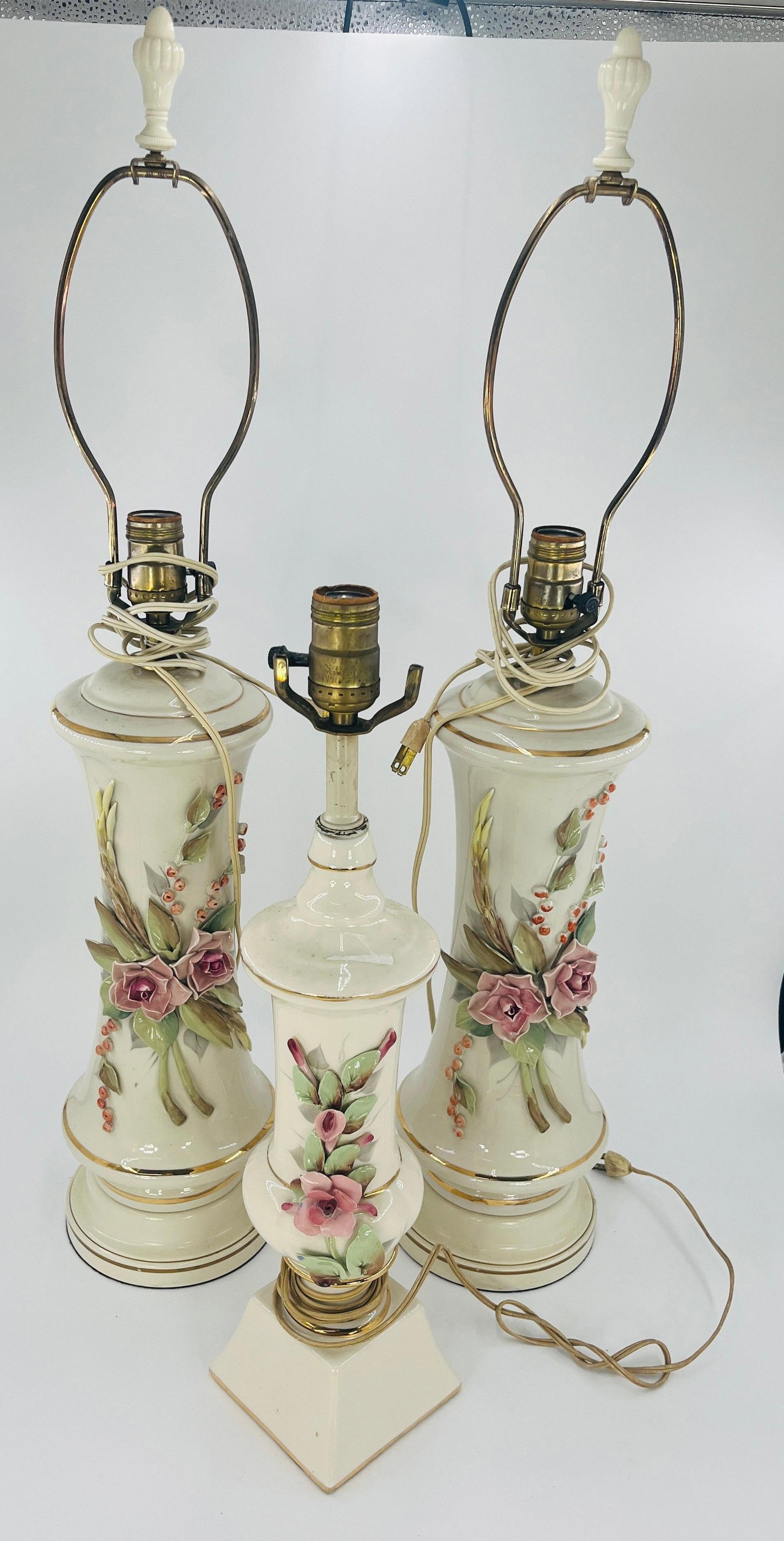 Pair Capodimonte Style Lamps and one additional Capodimonte Style Lamp, INV, 1247: Height of tallest to top of finial 30".