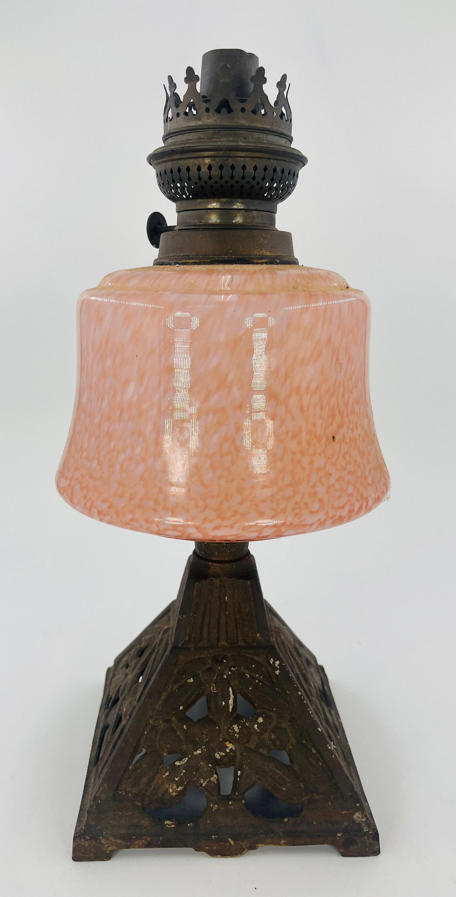 Pink Oil Lamp with Metal Base, Vintage, INV. 1239: Approx. height 13 1/2".