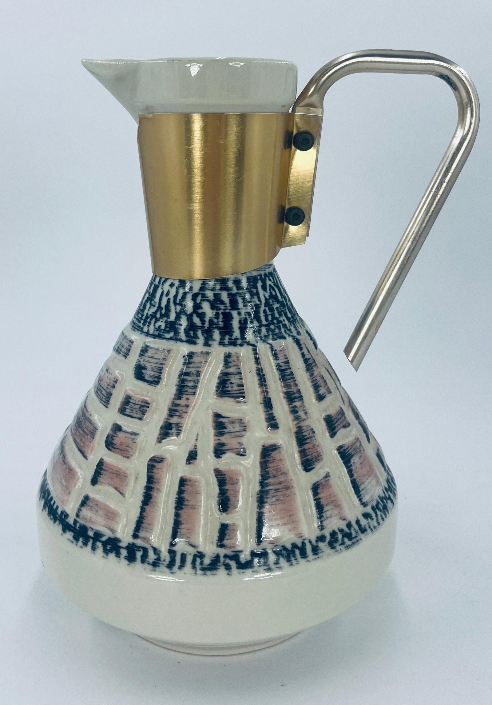 1957 C. Miller Ceramic Pitcher, Vintage, INV. 1299: Approx. 9.5 x 6.25 x 6.25 inches.