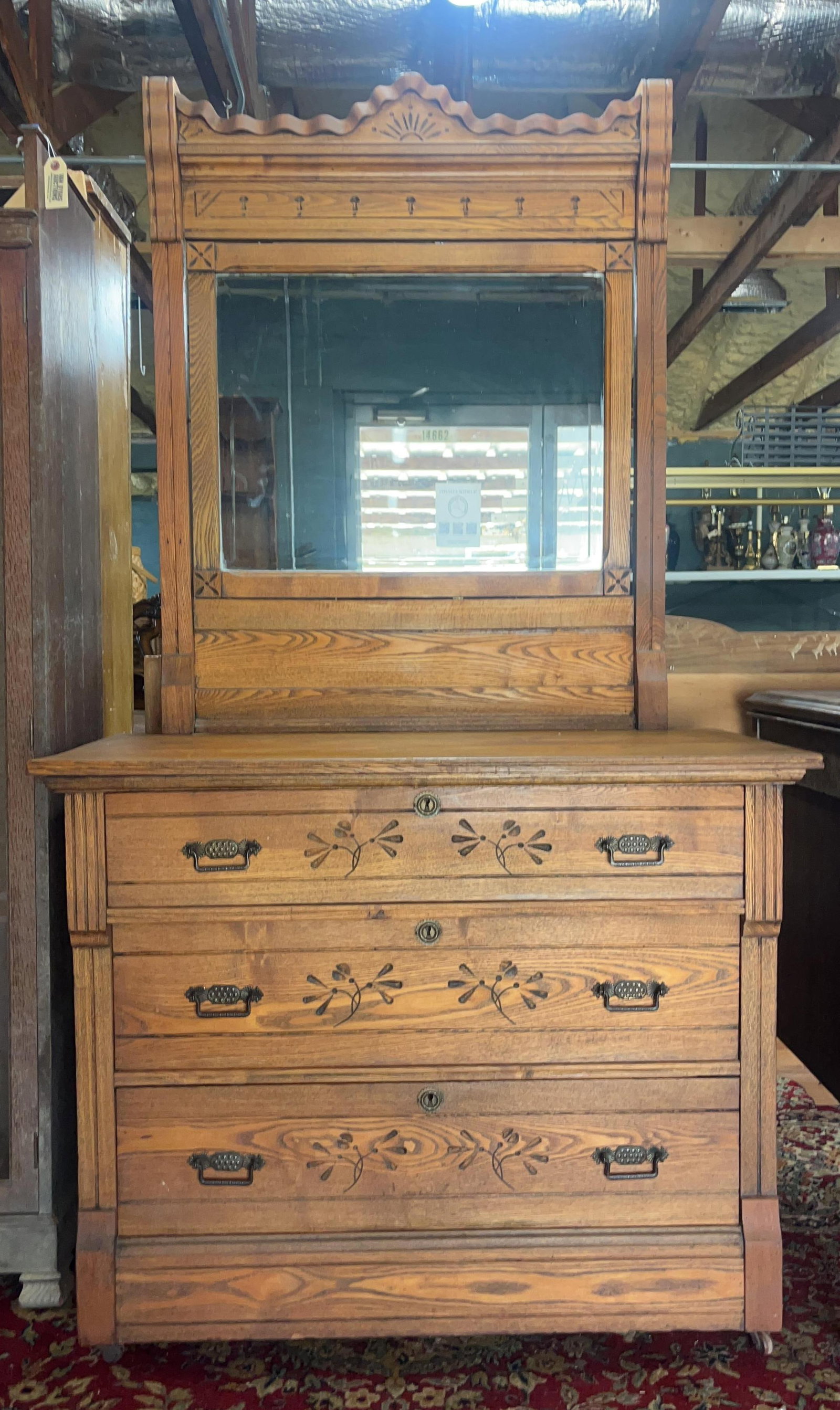 Antique Eastlake Style Chest of Drawers with Mirror, INV. 3044: Approx. 73 x 40 x 20 inches.