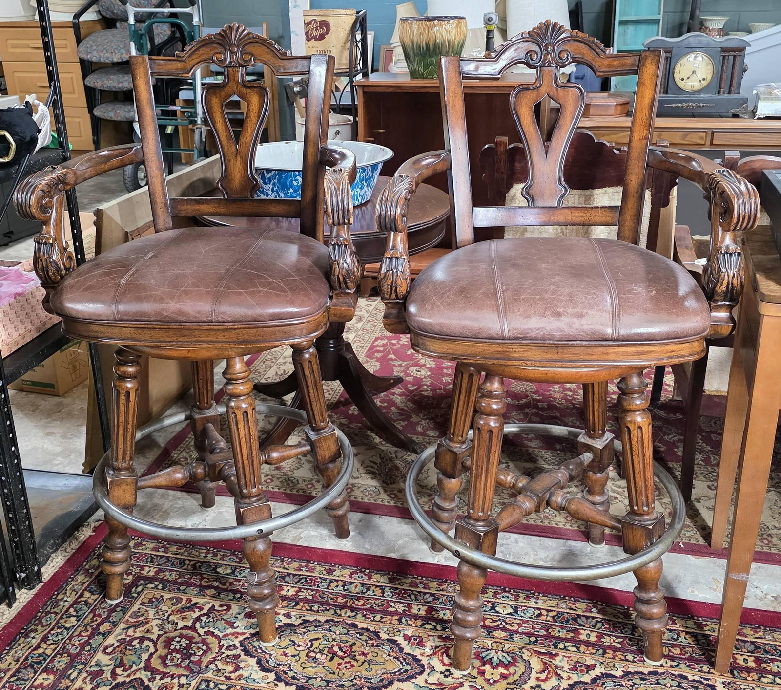 Pair of Swivel Leather Bar Stools, INV. 3027: Each approx. 47.5 x arm width 22.5 inches.