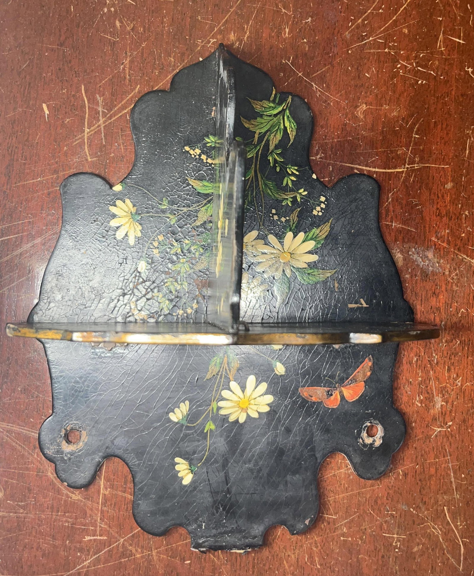 Antique Victorian Papier Mache Collapsible Wall Shelf, INV. 1276: Approx. 10 x 7.25 x 5.25 inches.