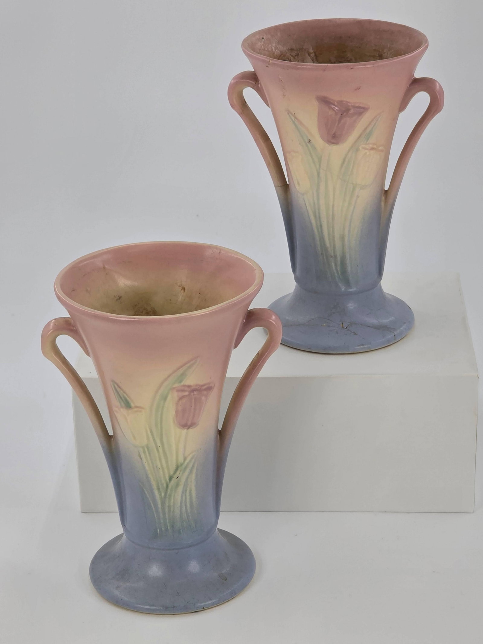 2 Hull Pink Tulip Vases, INV. 1040: Approx. 8 1/2" height. One with cracks.