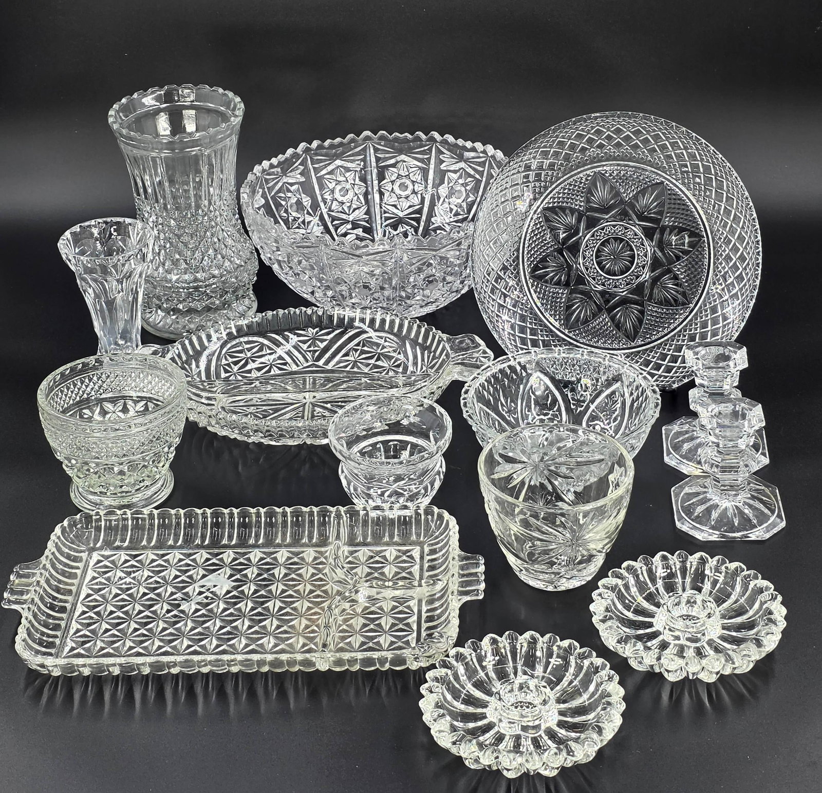 14 Assorted Glass Items, INV. 1051: Approx. 8 5/8" dia of largest bowl. Approx. 6 3/4" height of vase.