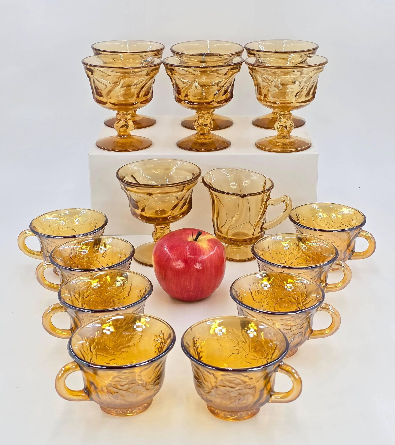 Indiana Glass Princess Line Cups and Fostoria Jamestown Amber Sherberts and Creamer, Vintage, INV.: Approx. sherbert height 4 1/8".