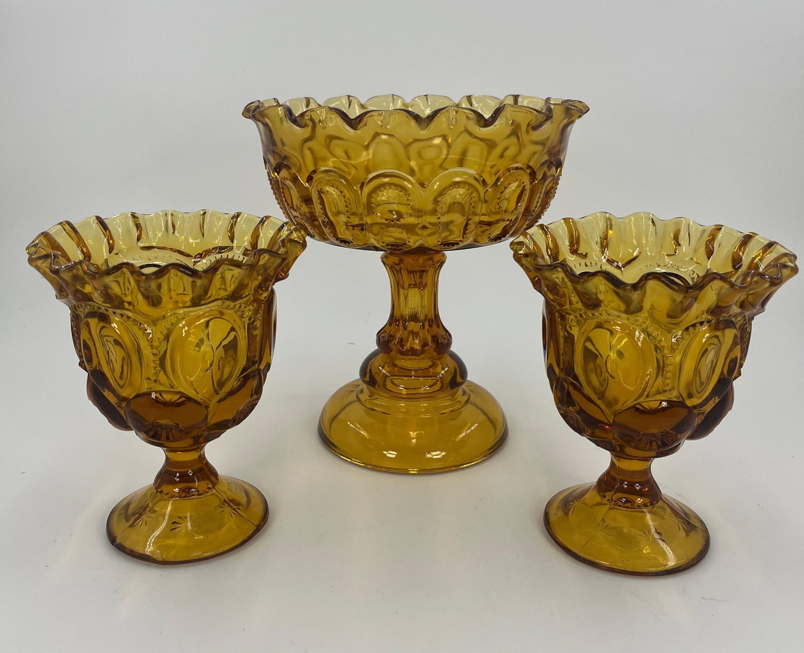 3 L.E. Smith Moon and Star Amber Glass Compotes, Vintage, INV. 1115: Tallest approx. height 7 1/2".