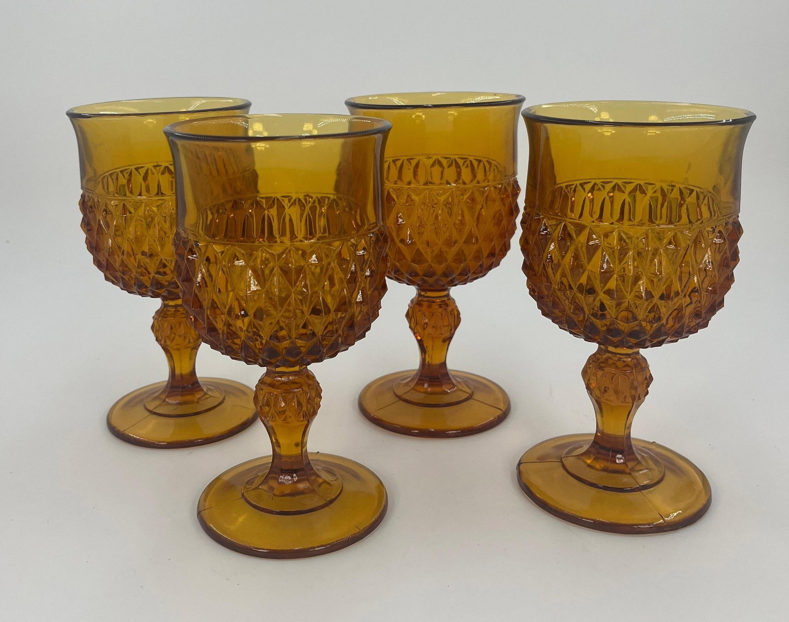 4 Indiana Glass Diamond Point Amber Water Goblets, Vintage, INV. 1114 (1 of 3)