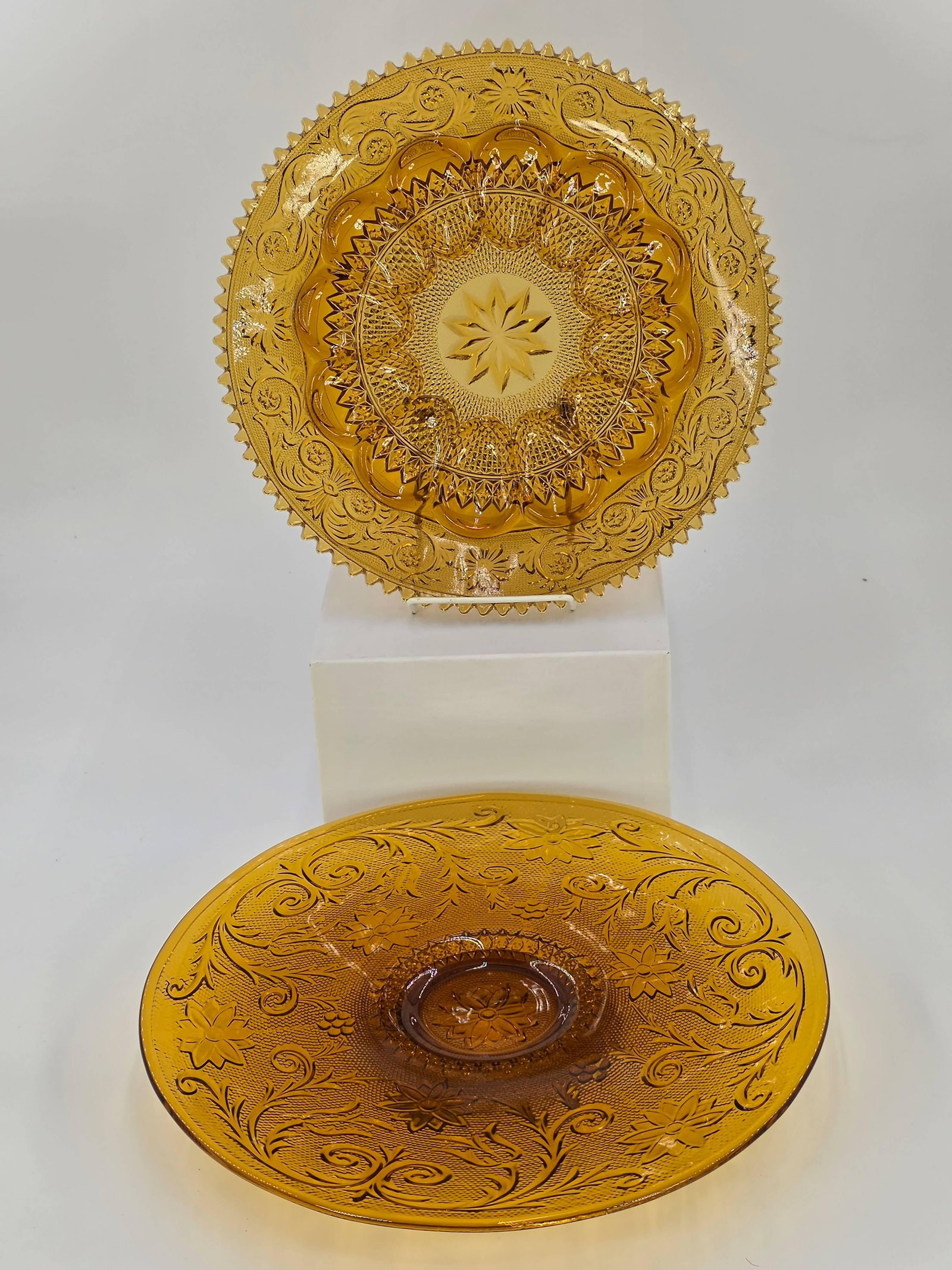 Indiana Glass Tiara Amber Footed Sandwich Platter and Deviled Egg Tray, Vintage, INV. 1047 (1 of 2)