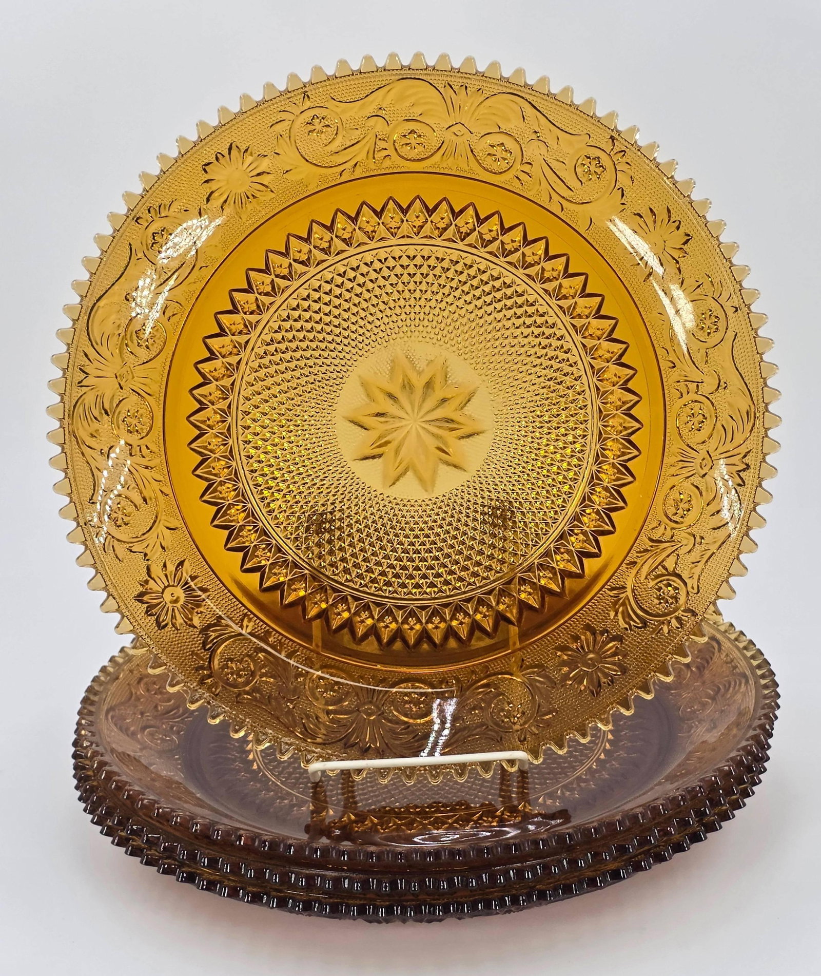 4 Indiana Glass Tiara Amber Sandwich Serving Plates, Vintage, INV. 1045: 12 1/4" dia.