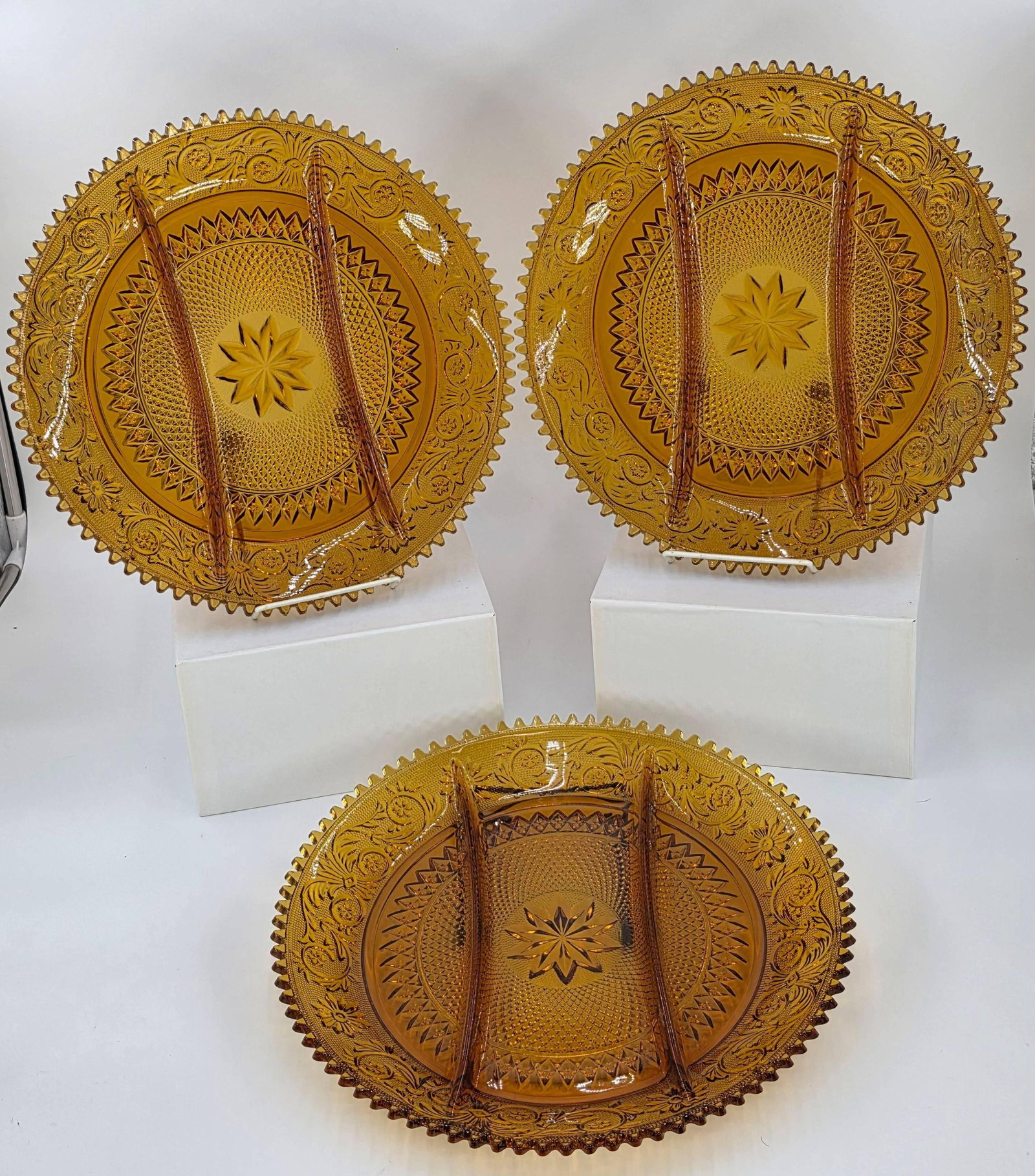 3 Indiana Glass Tiara Amber Relish Trays, Vintage, INV. 1046: 12 1/8" dia.