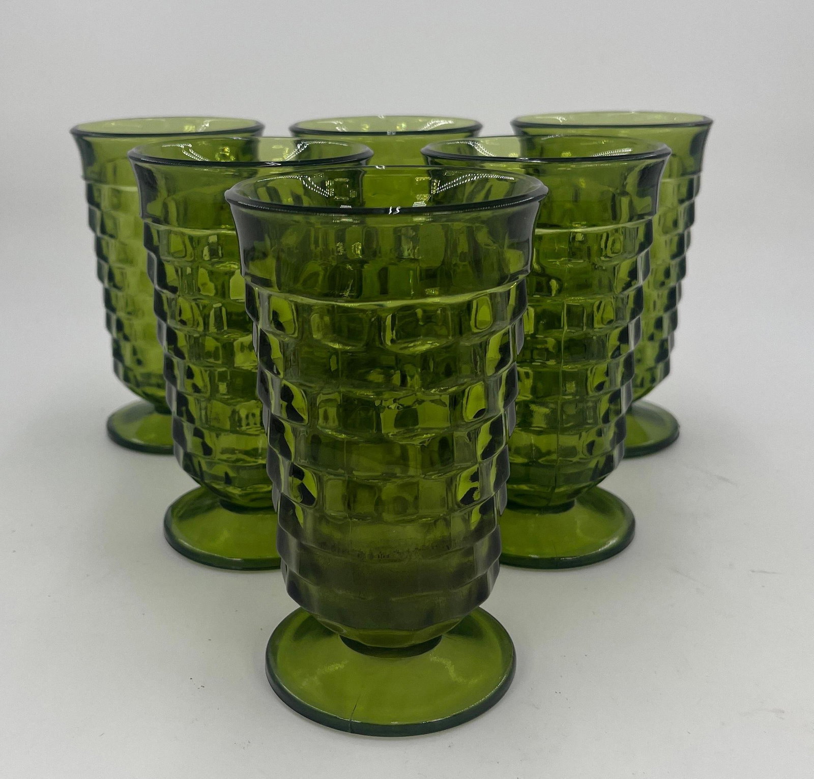 6 Indiana Glass Whitehall Green Avocado Colony Cubist Iced Tea Glasses, Vintage, INV. 1111: Approx. height 6"