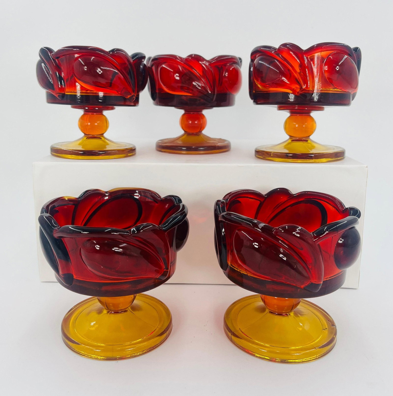 4 Indian Glass Tiara Leaf Sunset Amberina Sherberts and Candle Holder, Vintage, INV. 1136: 4 Indian Glass Tiara Leaf Sunset Amberina Sherberts and Candle Holder, Vintage