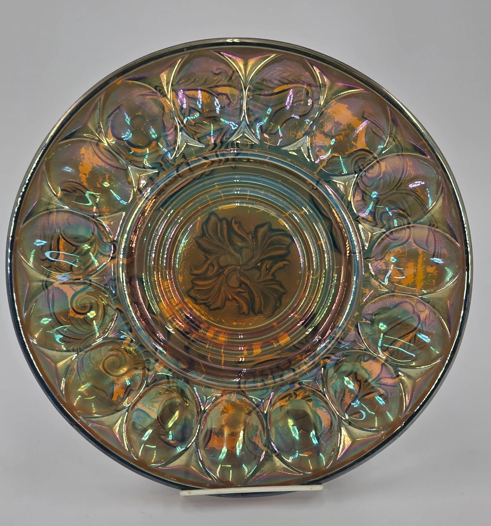 Jeanette Carnival Glass Egg Deviled Tray, Vintage, INV. 1037: 11 5/8" dia.