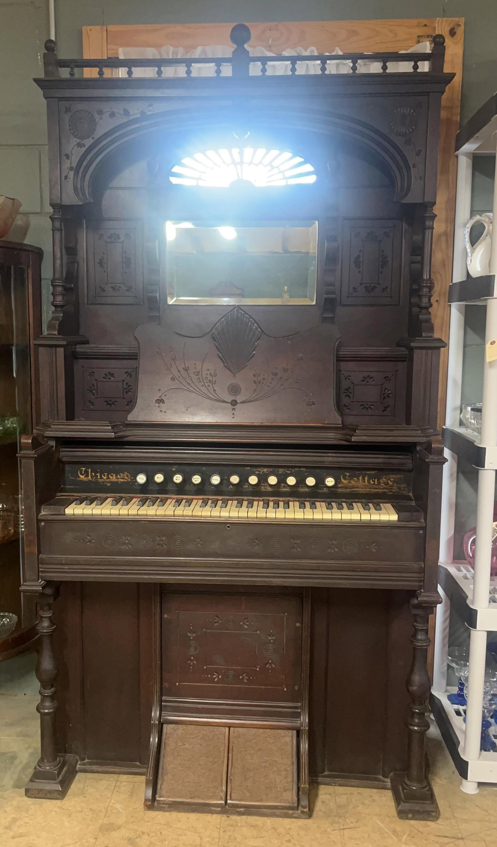Antique Pump Organ, INV 3039: Working at time of cataloging. Approx. 81 x 45 x 22.5 inches
