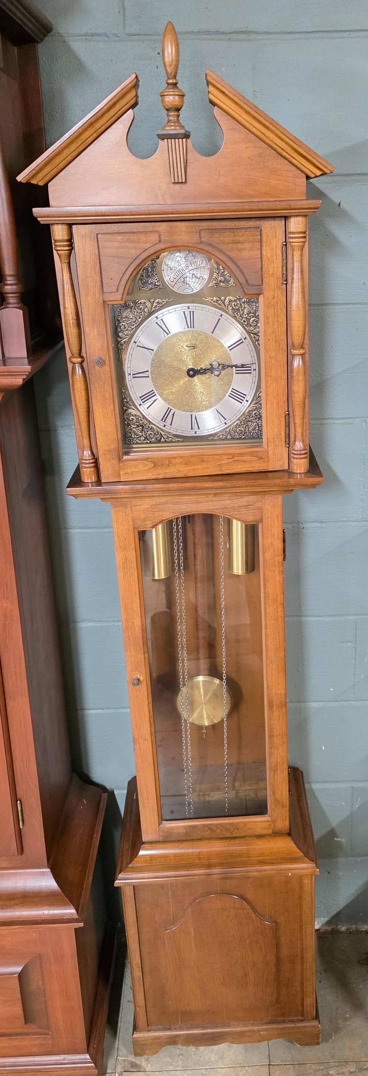 Vintage Ridgeway Grandfather Clock, German, INV. 3011: With all 3 weights. Approx. 72.5 x 15 x 11 inches.