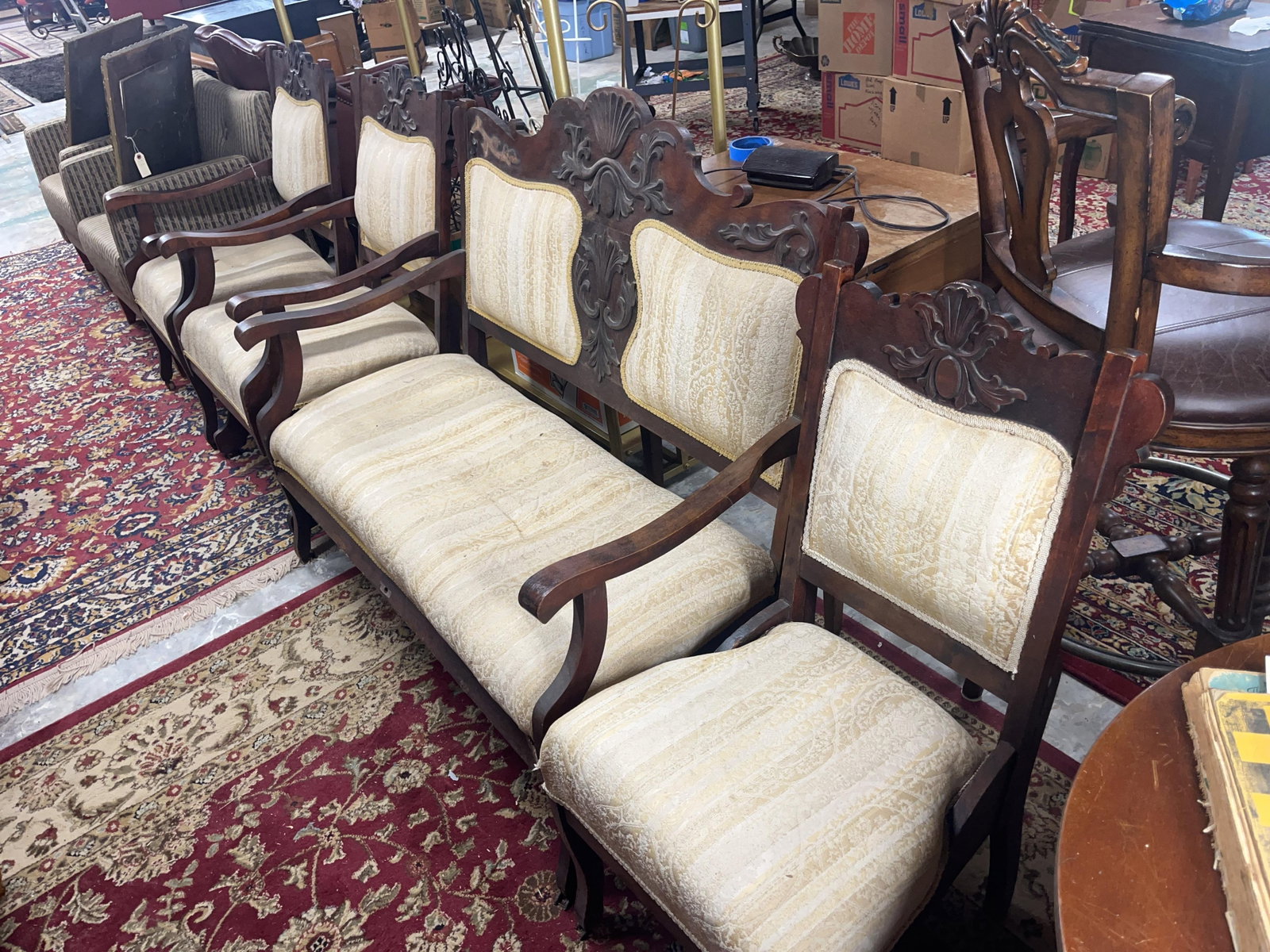 Parlor Set, 4 Pieces, INV. 3036: Largest chair approx. 36 x 22.5 x 23.5 inches. Bench approx. 39.5 x 44.25 x 24 inches.